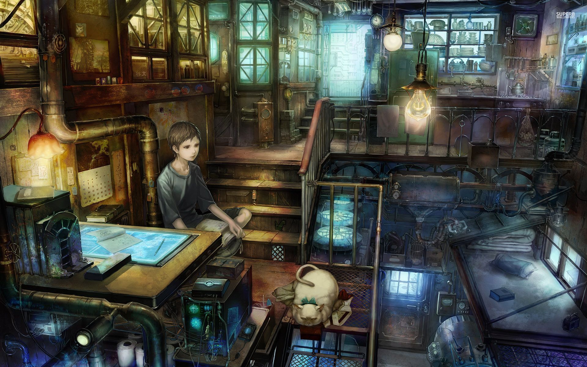 Boy painting a cat in the steampunk city Desktop and mobile