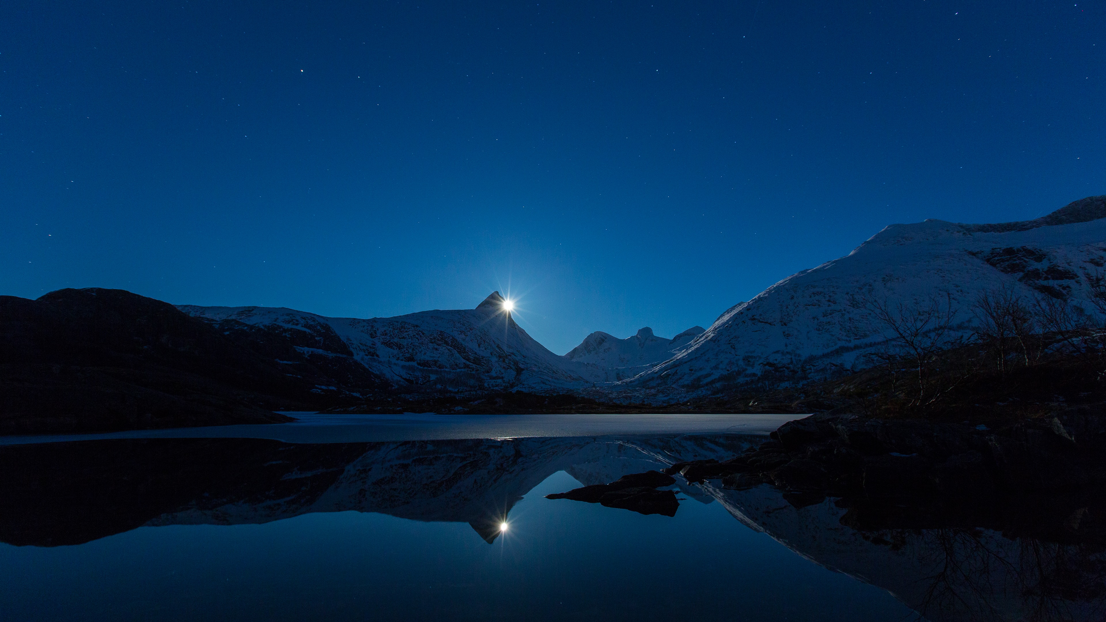 Moon Shining Over Snowy Mountain Lake 4K Ultra HD Desktop Wallpaper