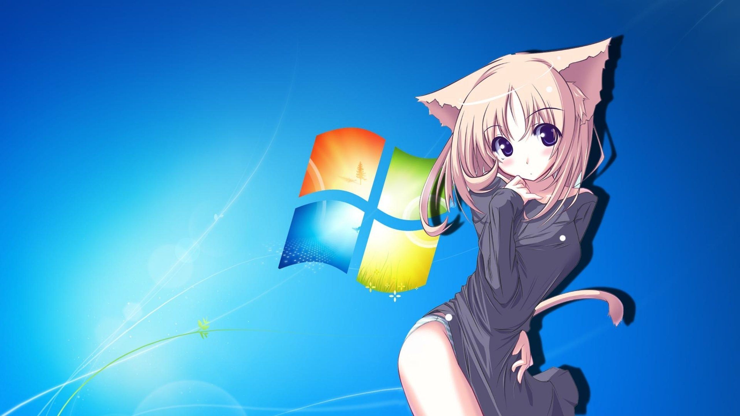 Anime cat girl with windows7 background wallpaper 2560x1440