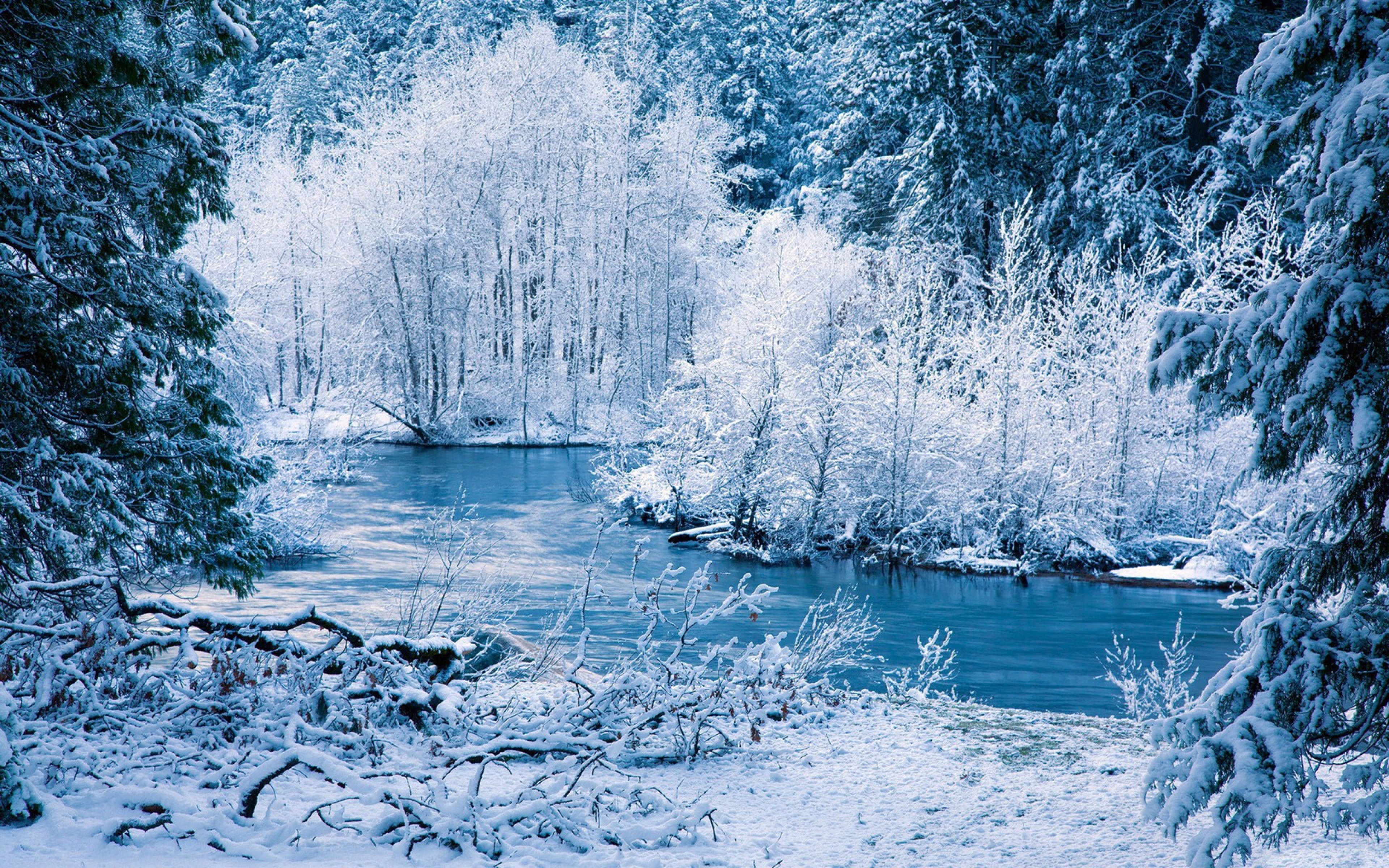 Download Wallpaper 3840x2400 Winter, River, Snow, Trees, Landscape