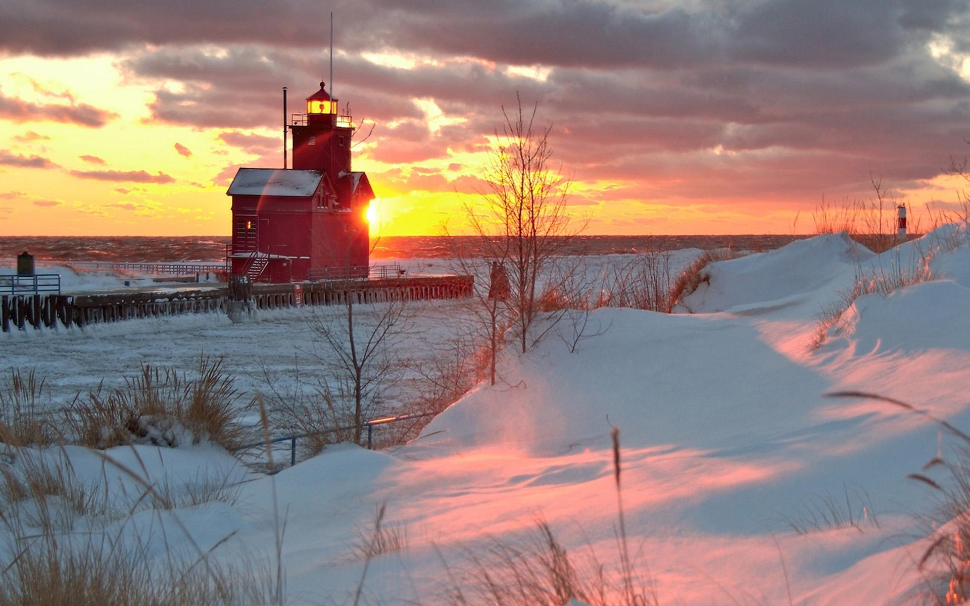 Lighthouse In A Winter Sunrise HD Wallpaper, get it now
