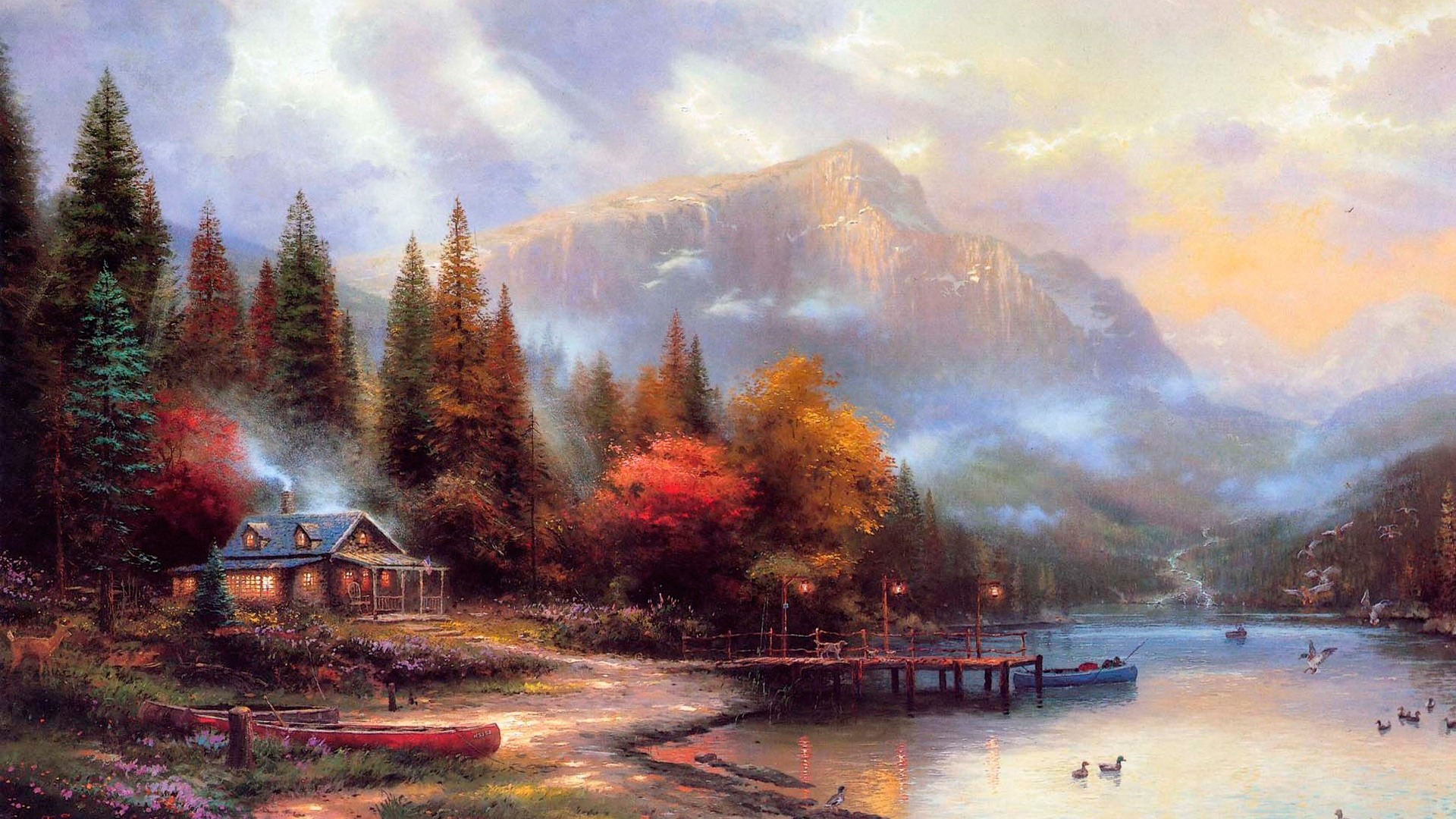 Thomas Kinkade Autumn Paintings, scene, winter, nature, abstract