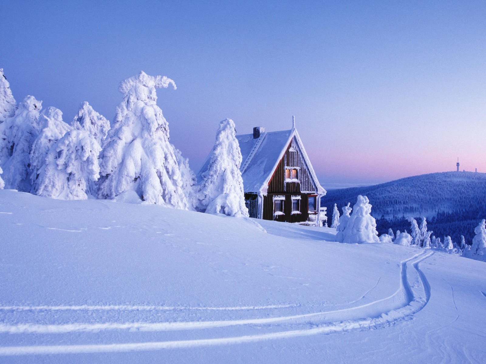 New Winter Cabin Christmas Scene Log Deep Snow Wallpaper HD