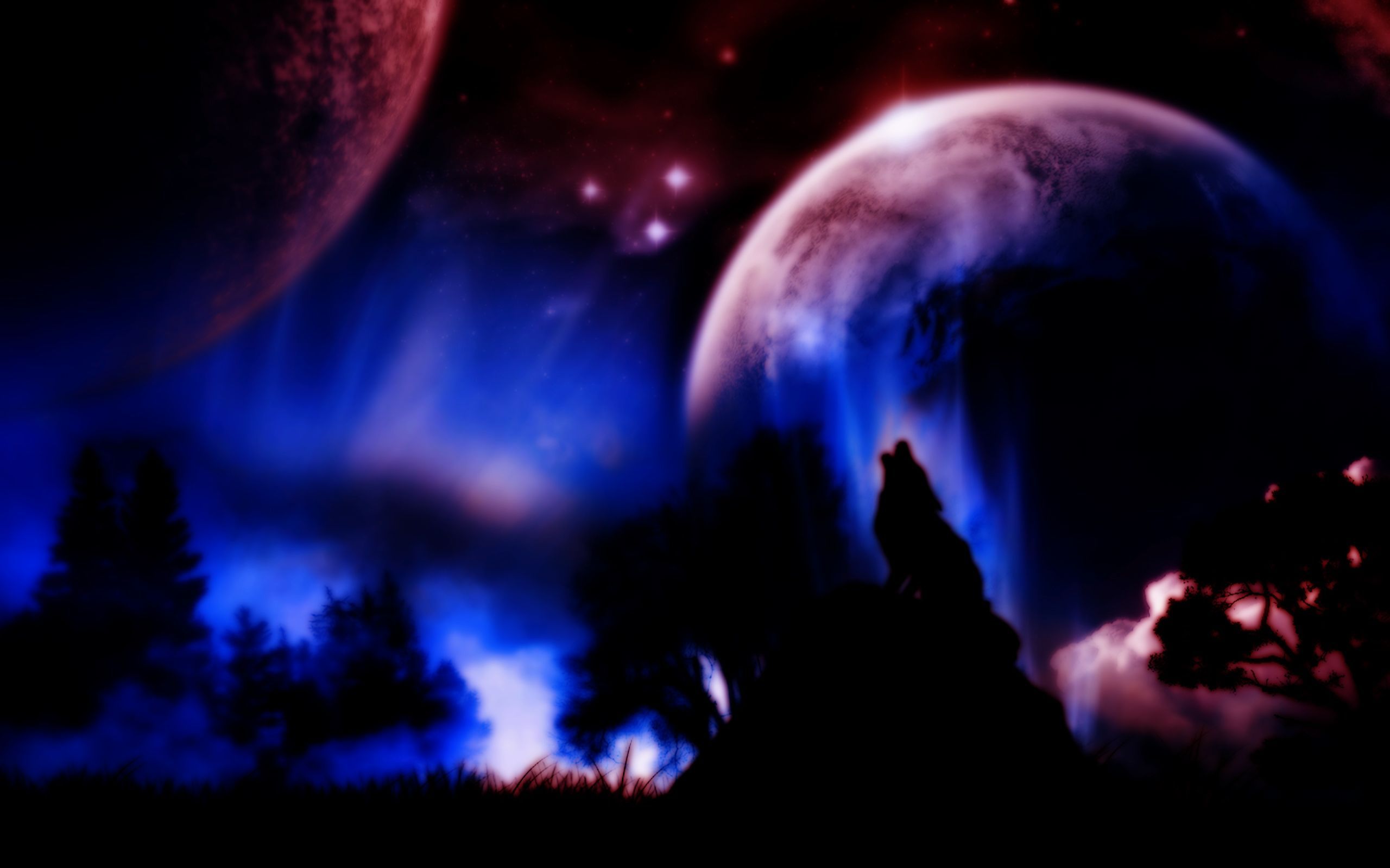 Wolf howling at the moon, planet, night, fantasy, 2560x1600 HD