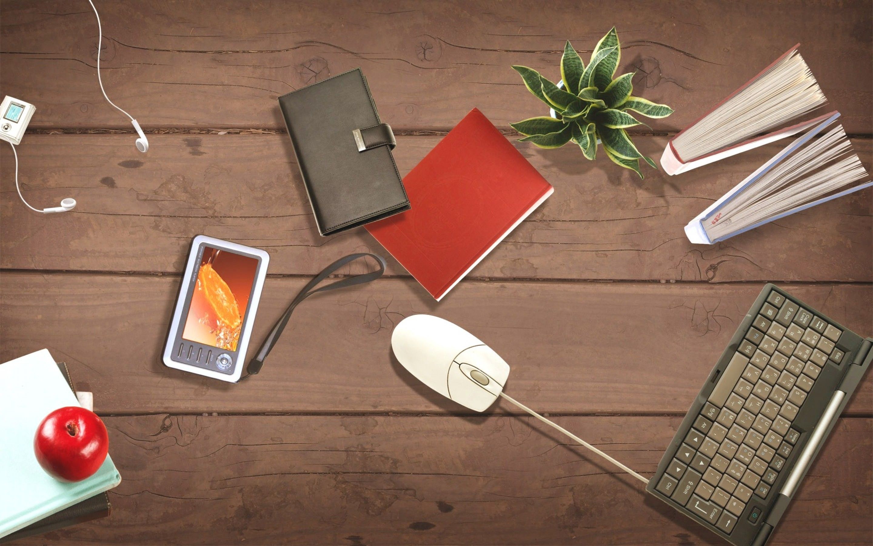 Wooden desk, laptop, mouse, book, plant, phone, notebook, apple