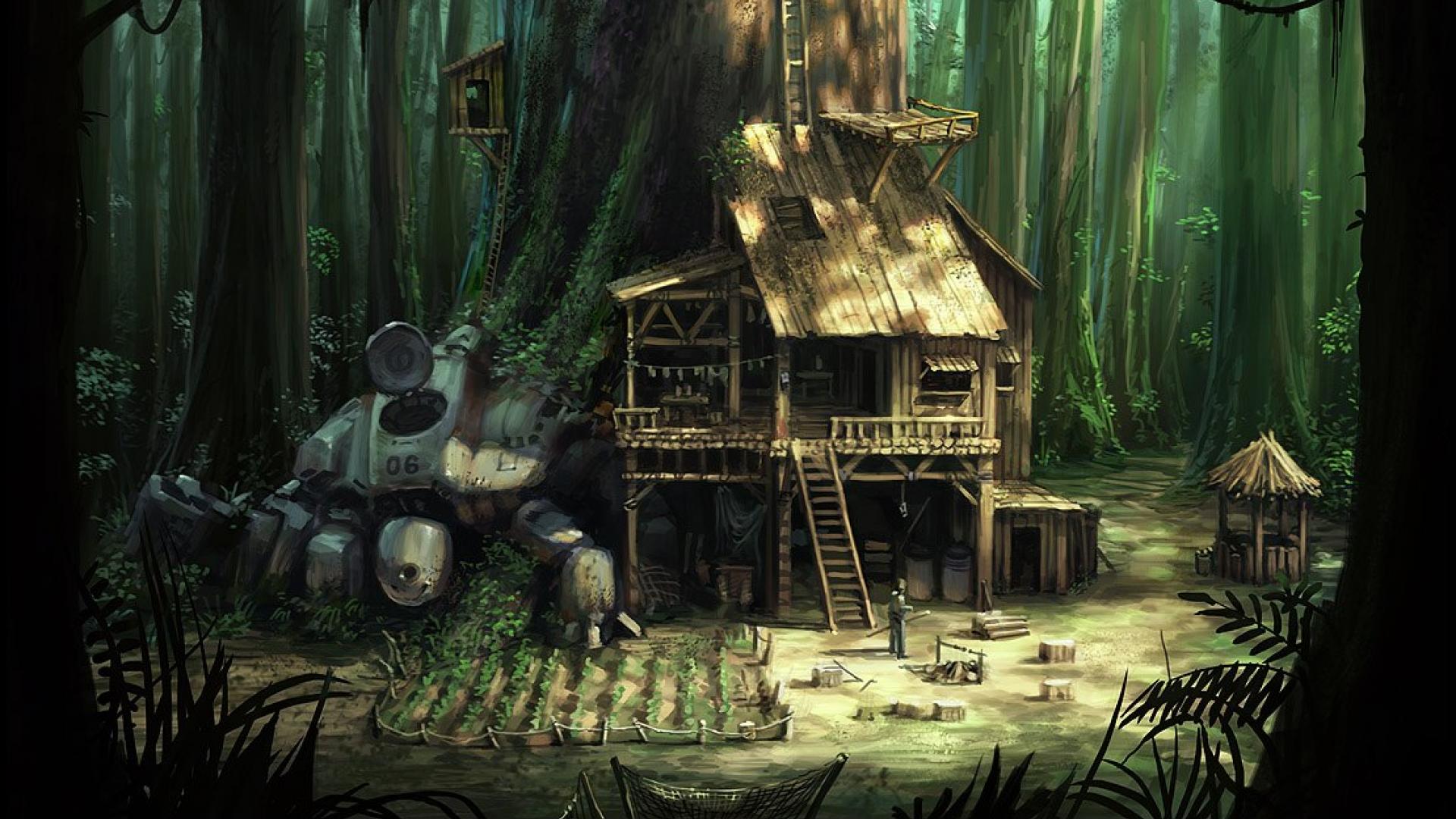 Jungle house signs of the past mech in woods hd wallpaper -