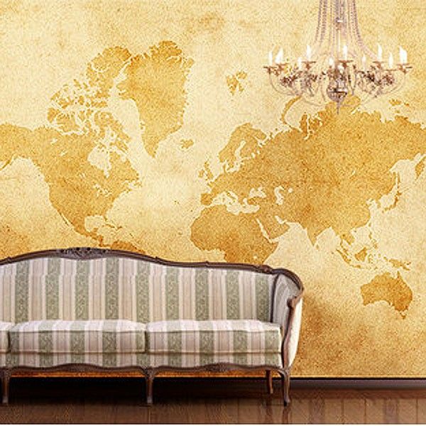 Vintage World Map Wallpaper Mural - classical feature wall decor
