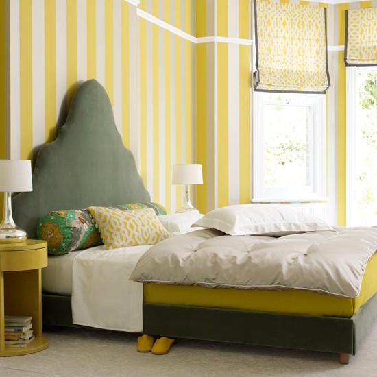 Bedroom with striped yellow wallpaper | Grey and yellow colour ...