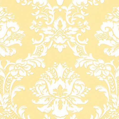 1960s Vintage Wallpaper Damask Yellow Flower Bouquets on White