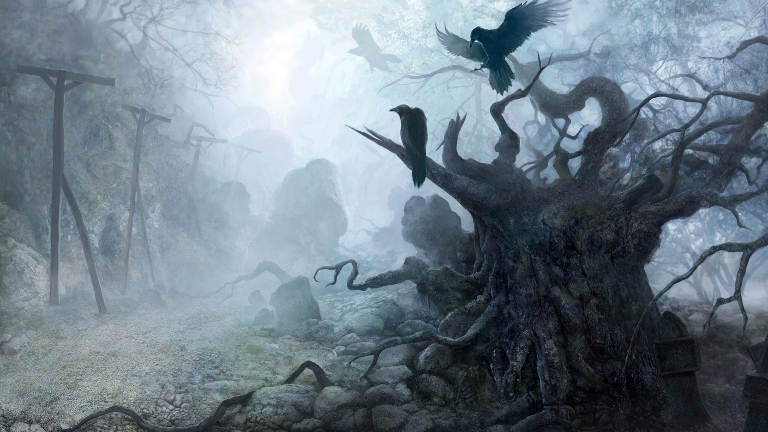 Wallpaper Haze, Tree, Crows, Fog, Death, birds, spooky wallpaper