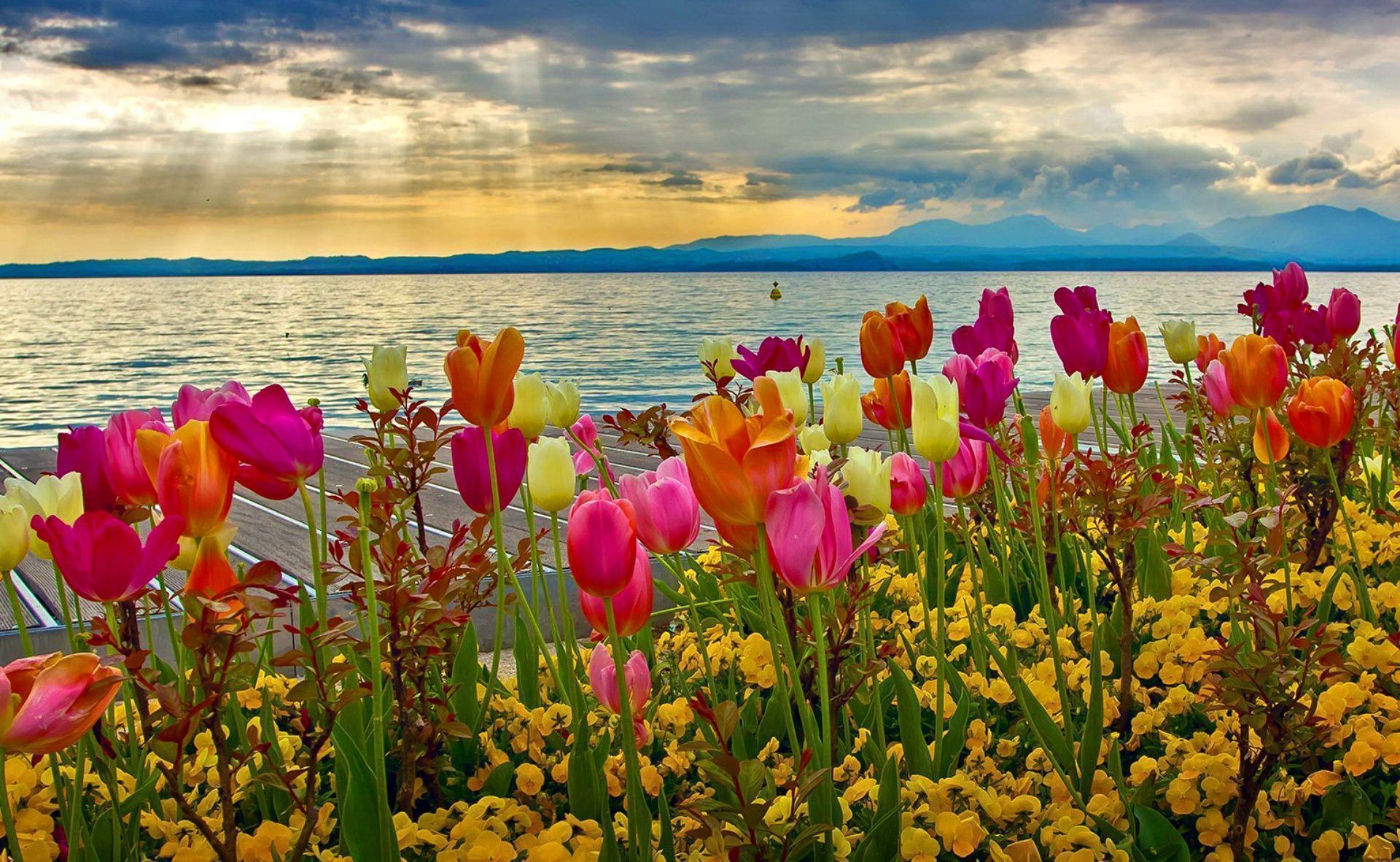 Spring Sunset At Lake Garda Desktop Background Wallpaper