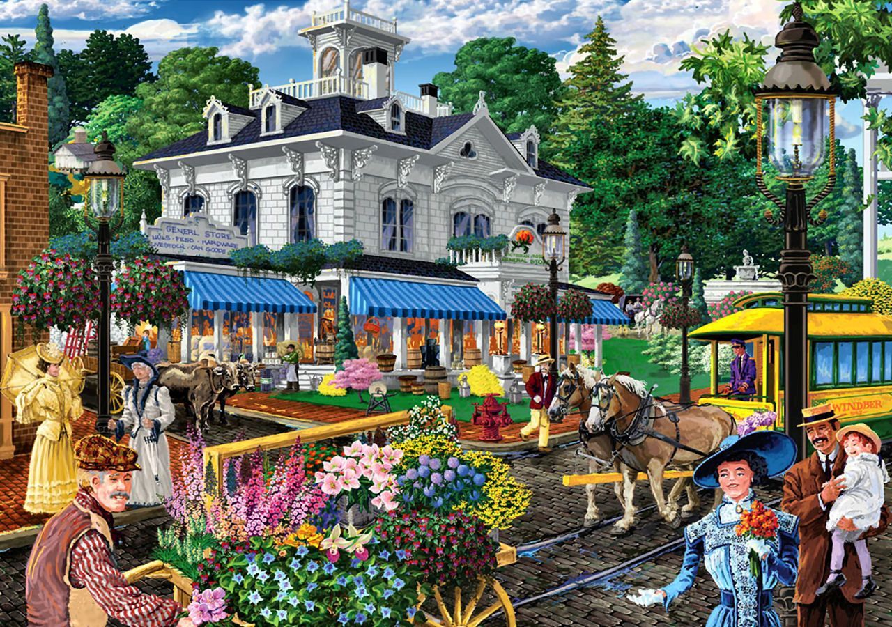 Victorian Spring F2 Equine Cityscape Flowers Painting Street