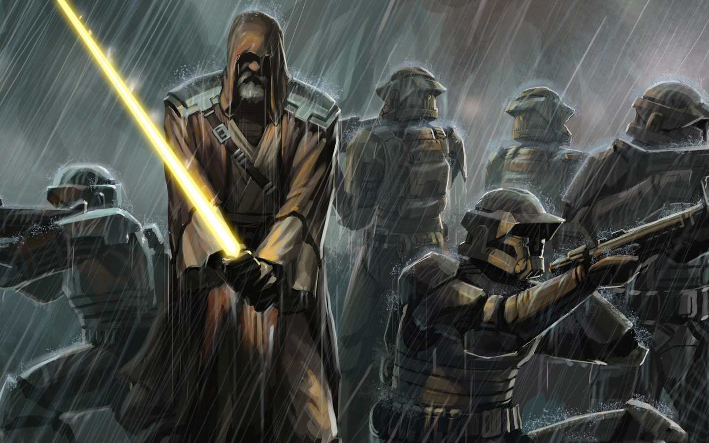 1440x900 star wars, clones, the rain, jedi, sword Wallpapers and other