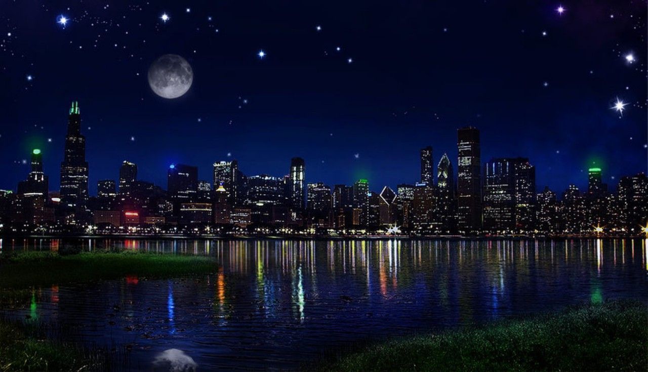 Skyscrapers: City Sleeps Reflection Stars Sky Lights Moon Water ...