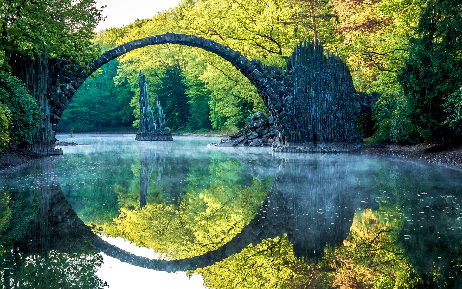 Old Stone Arched Bridge Lake Reflection Desktop Wallpaper - Free