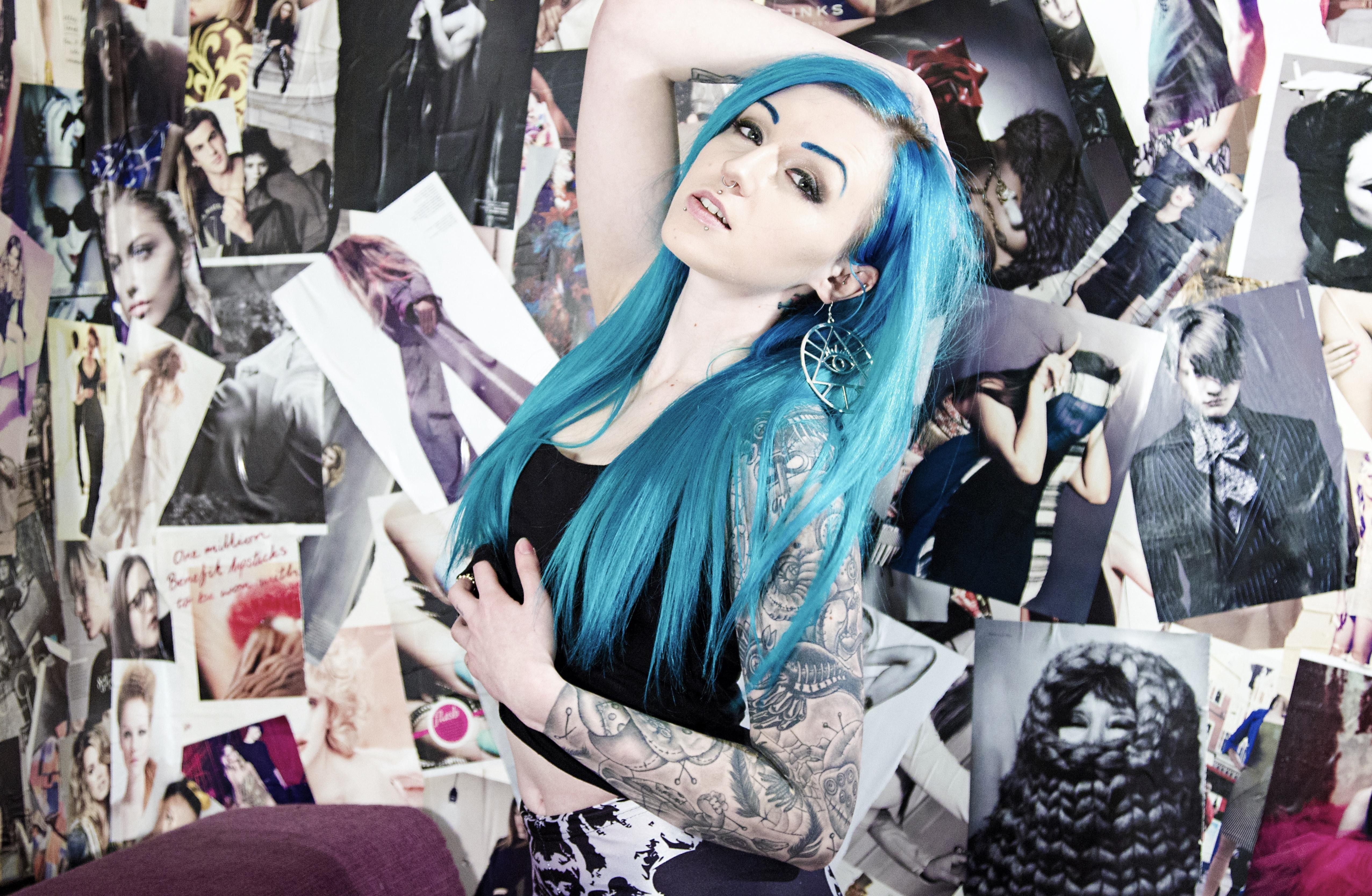 Suicide girls, tattoo, blue hair, hands on head Backgrounds