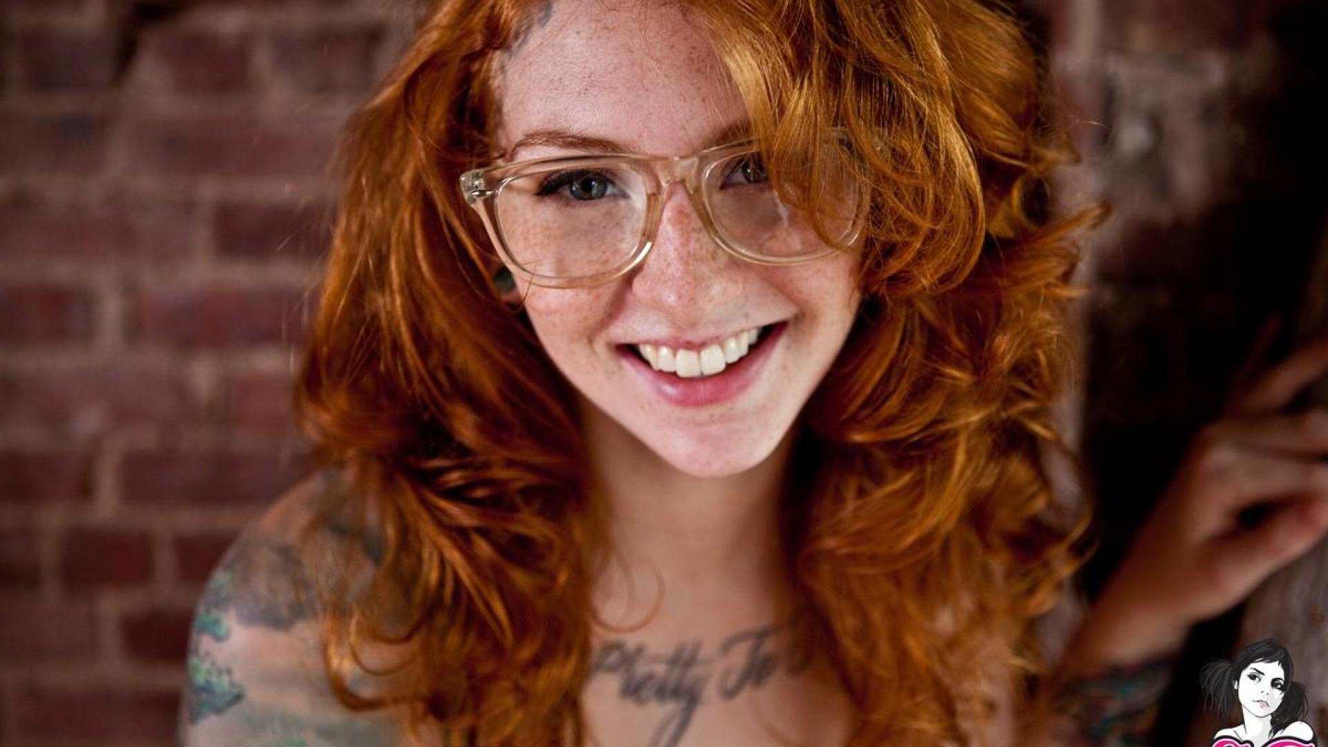 Glasses Face Tattoo Suicide Girls Women Freckles Redhead Smiling