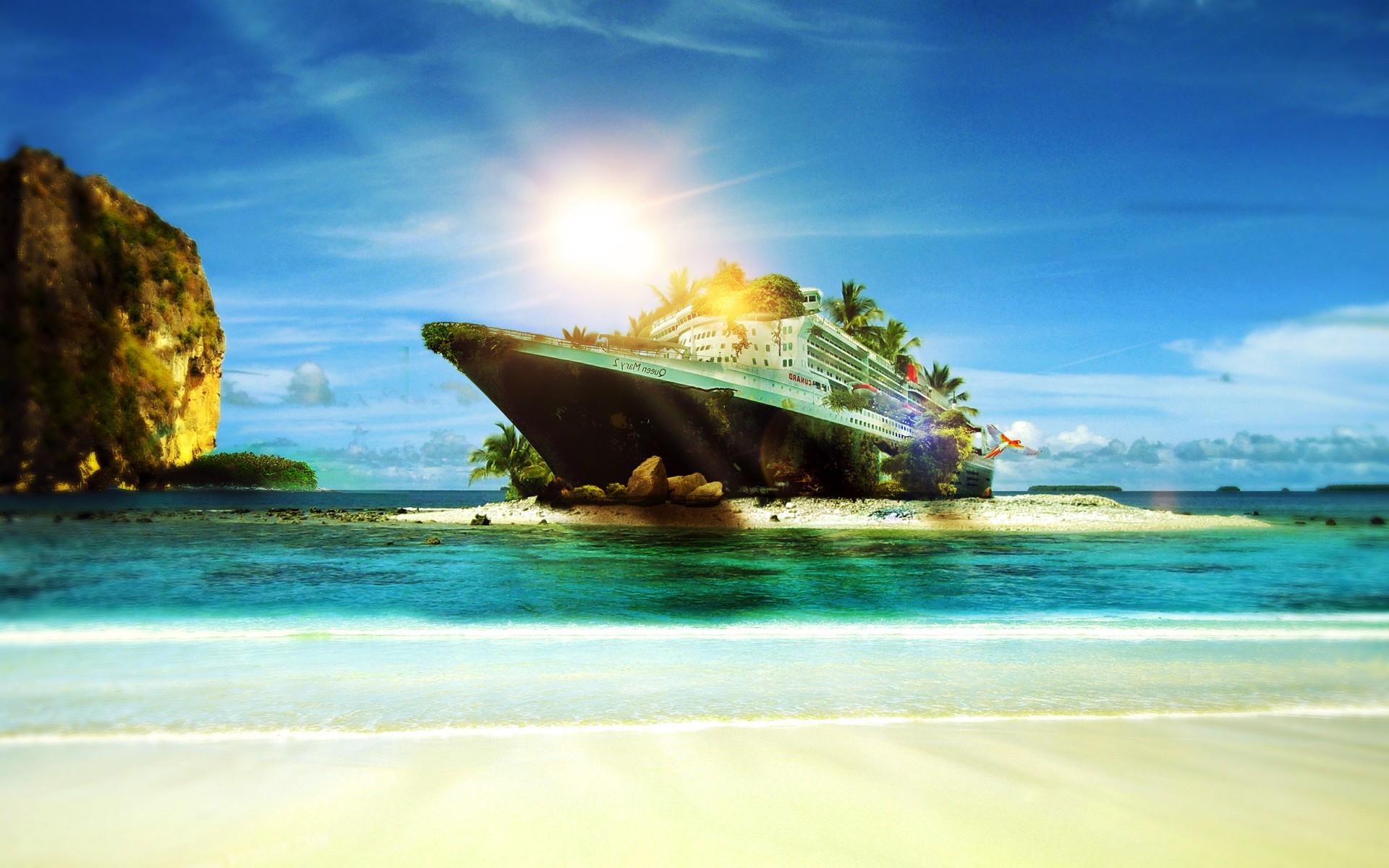 Sunset landscapes sun beach ships islands photomanipulation