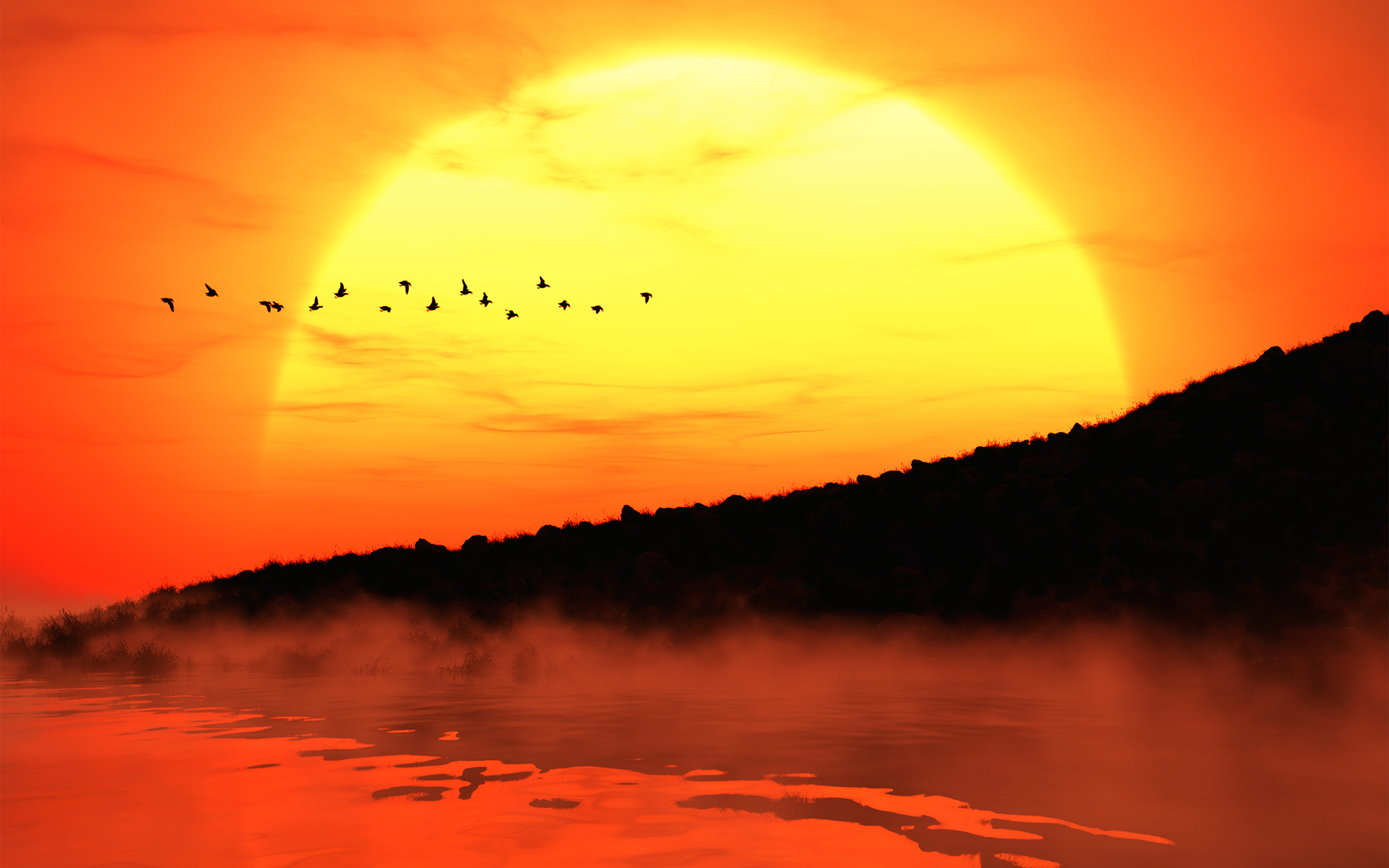 Sunset fog sun beach silhouette wallpaper 1920x1200 133394
