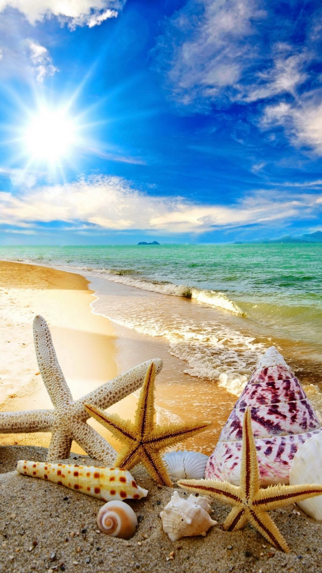 Summer Beach Sun Starfish Waves Android Wallpaper free download