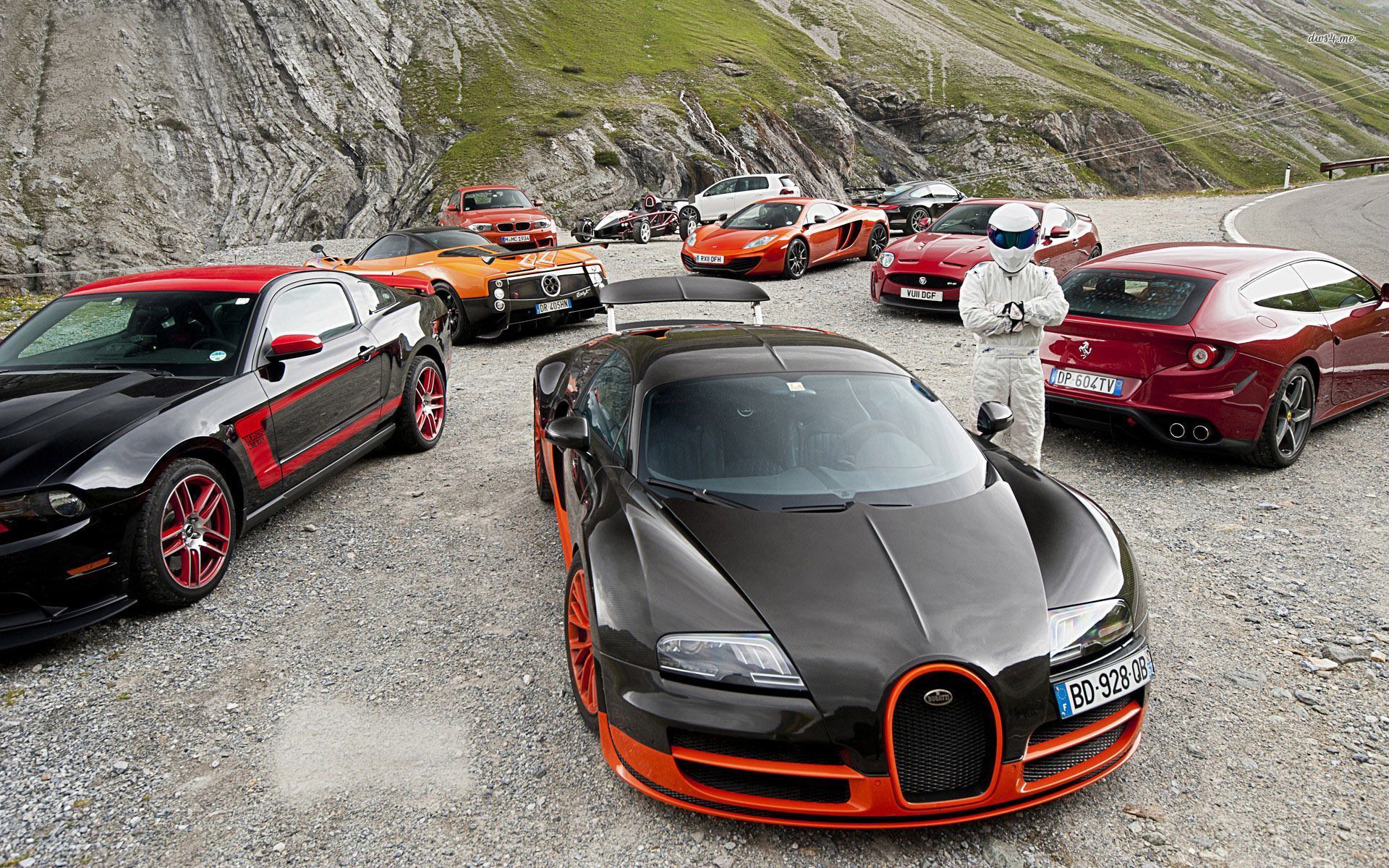 The Stig with supercars, bugatti, bugatti veyron, ferrari, dodge
