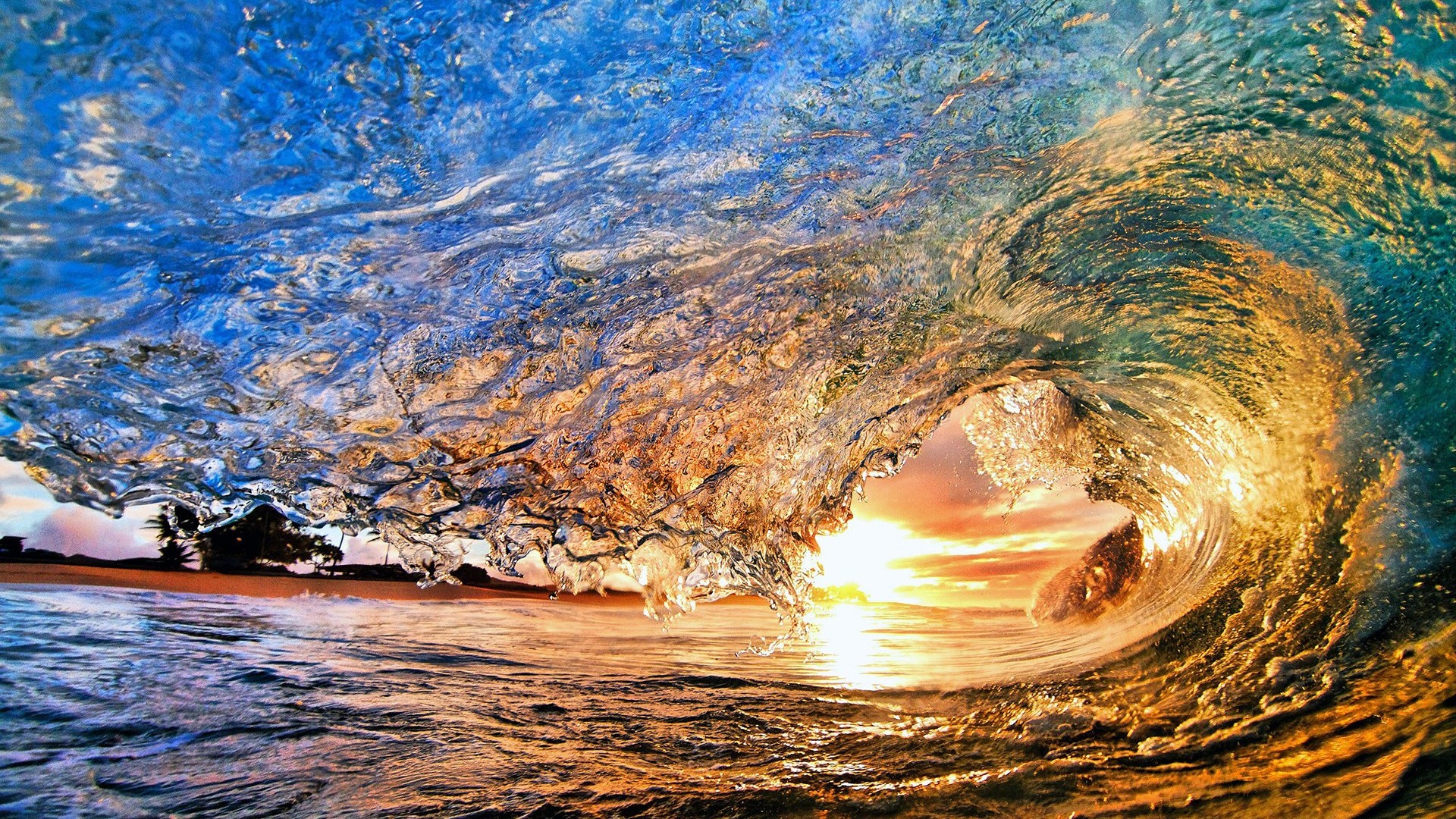 Surfing waves in sunset wallpaper 1920x1080