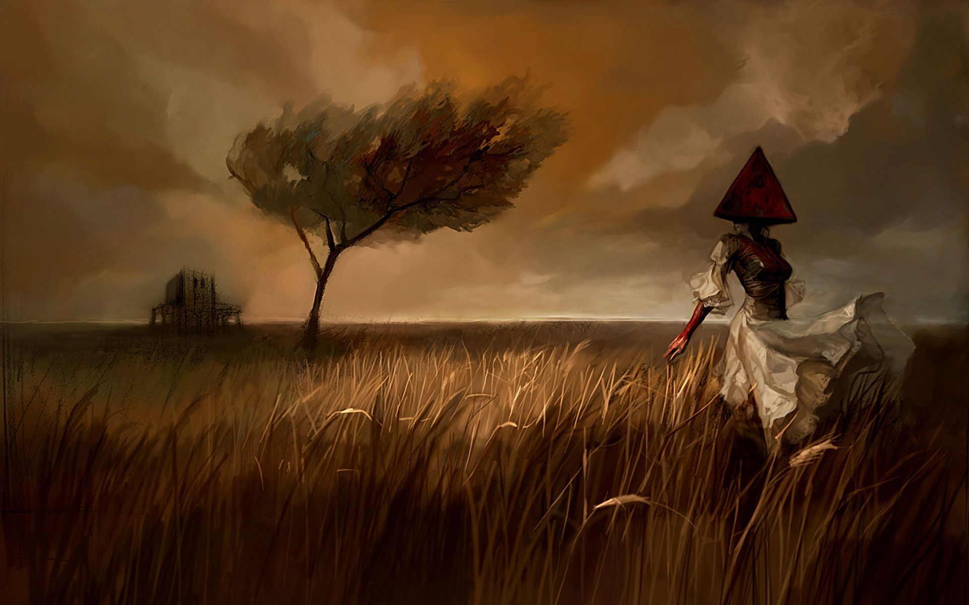painting, field, silent hill, wind, woman, tree, Surrealism, wallpaper