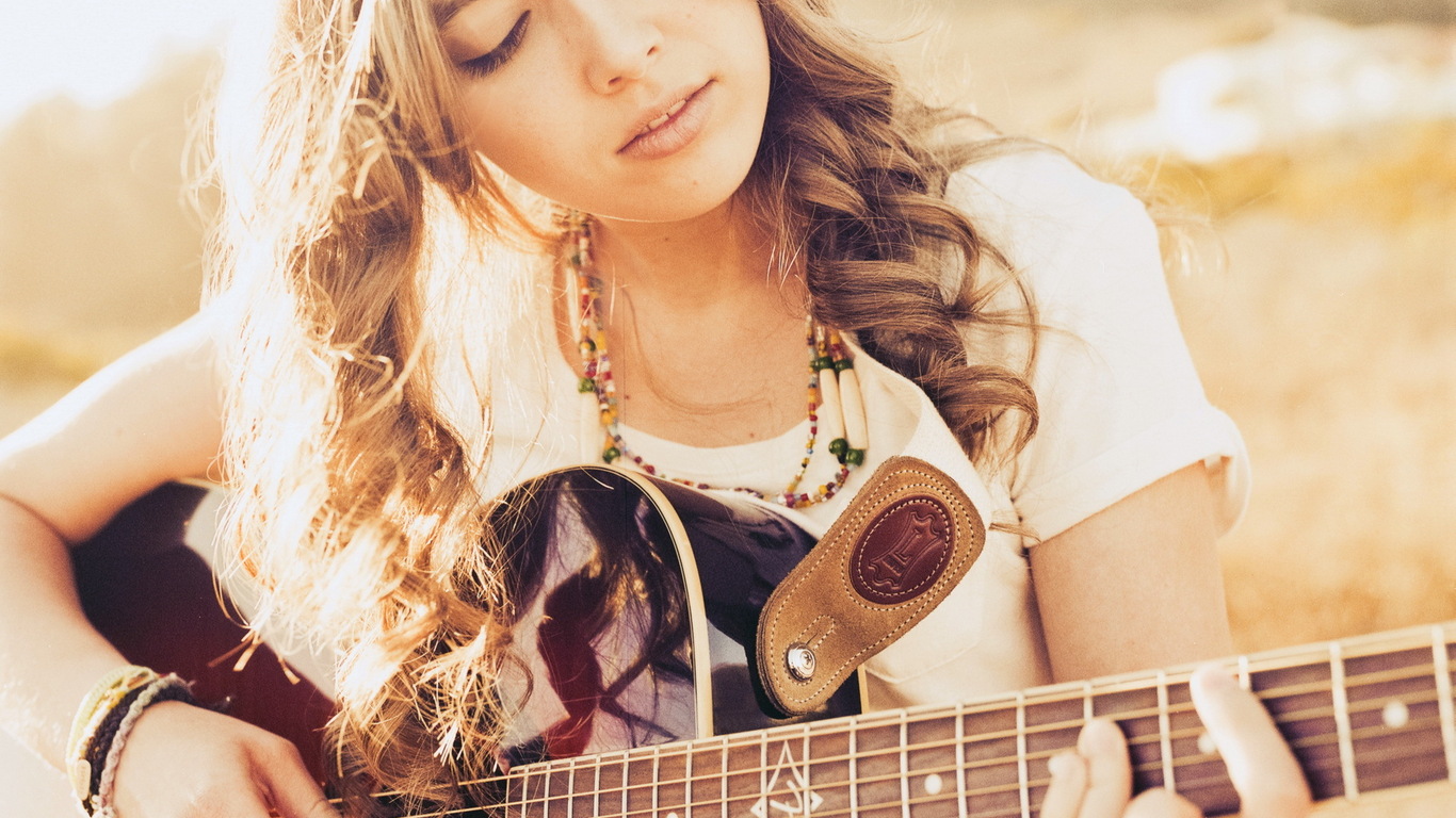 Wallpapers Guitar Sweet Girl Playing The Images 1366x768