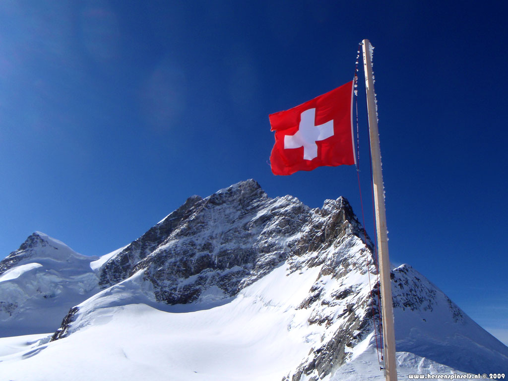 Wallpaper Jungfrau and flag - The Swiss flag is flying proudly