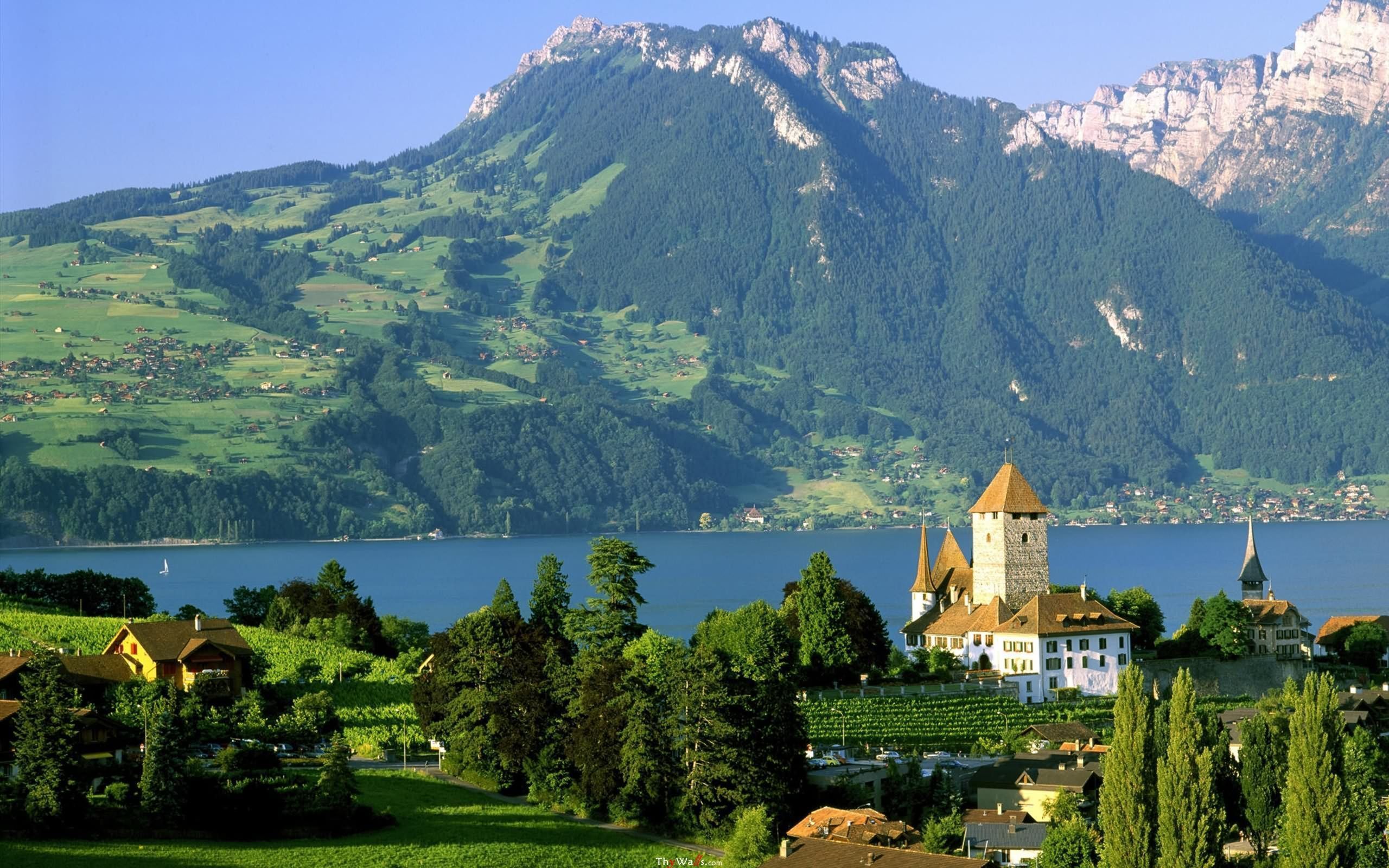 Spiez Castle Lake Thun Switzerland desktop background wallpaper wide