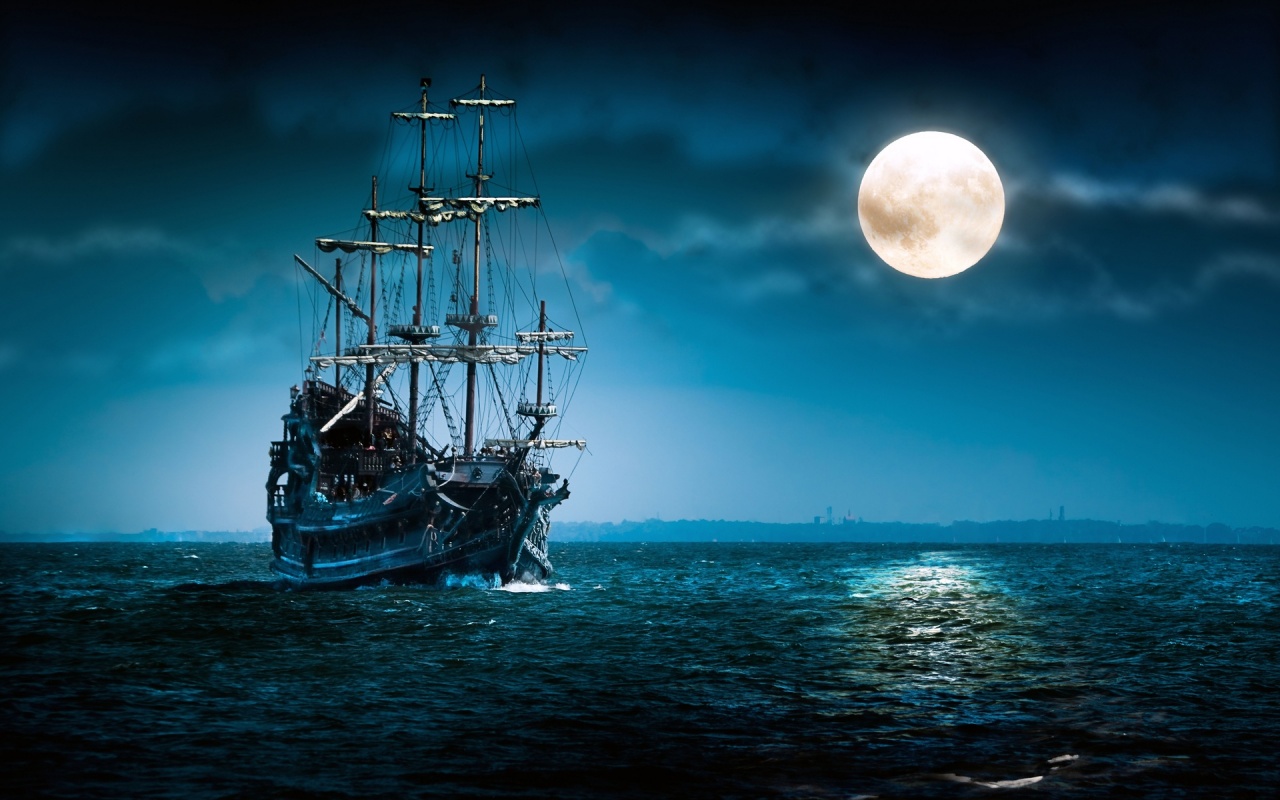 Moonlight Ocean Ship Tablet Wallpaper