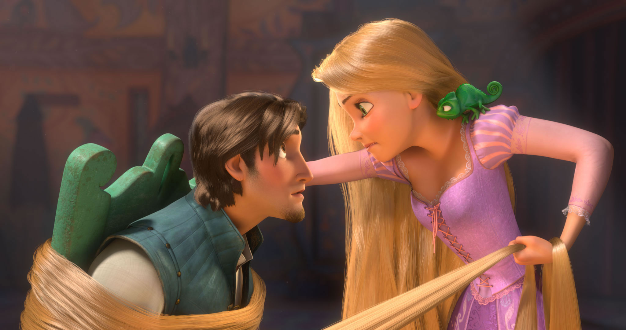 Rapunzel Ties up Flynn from Disney's Movie Tangled Desktop Wallpaper