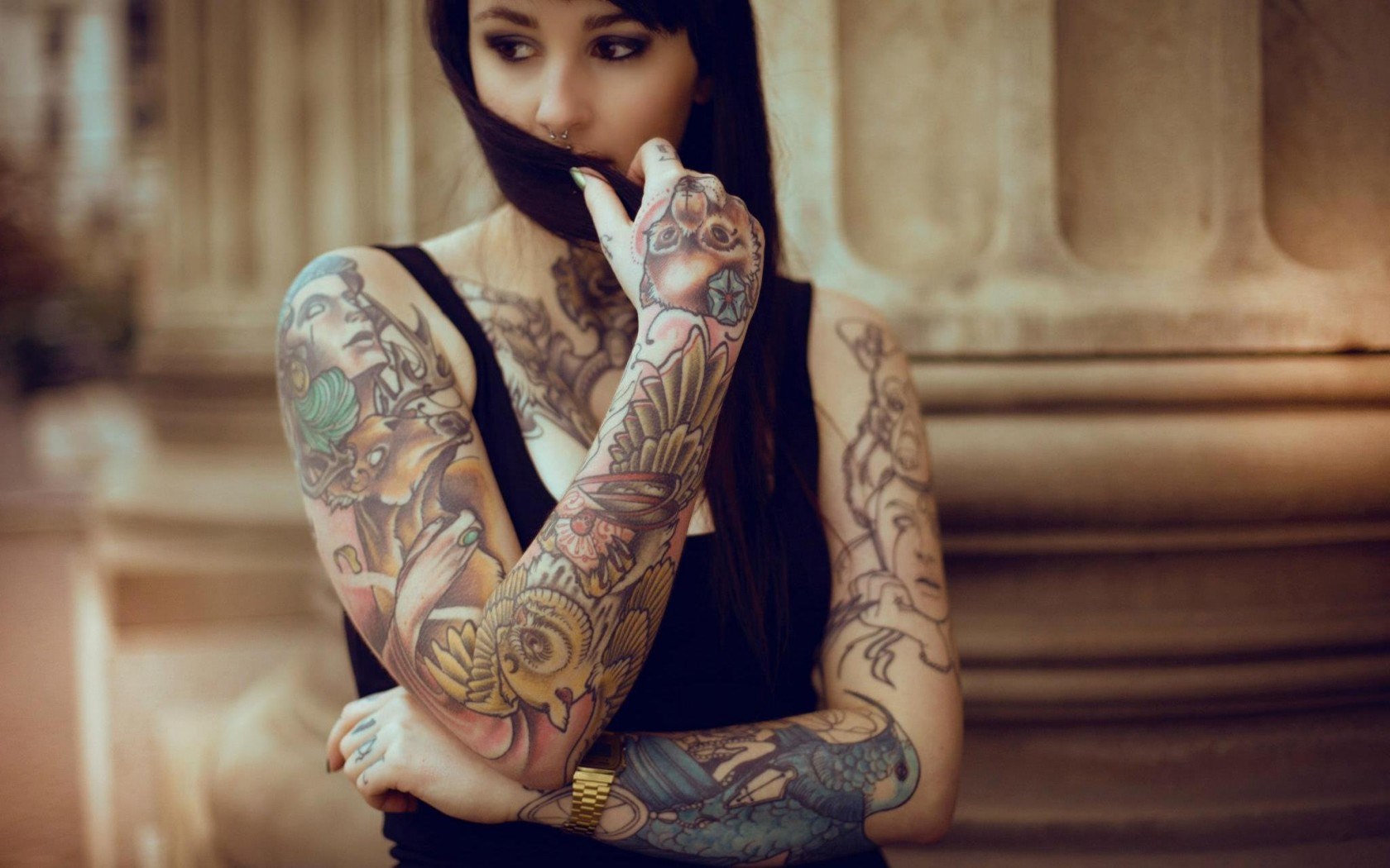 Brunette Girl Tattoos Gloves Photo #7028994
