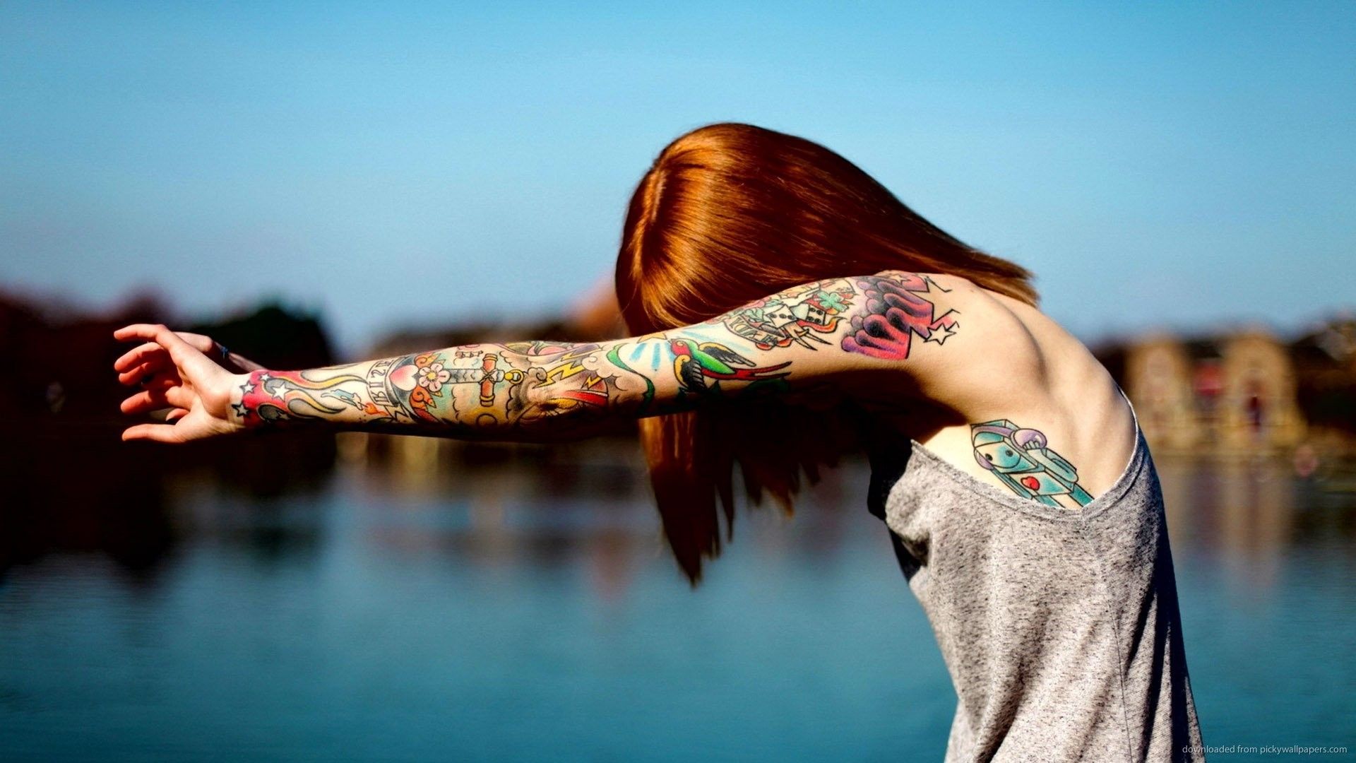 Download 1920x1080 Red Girl With Colorful Tattoos Wallpaper