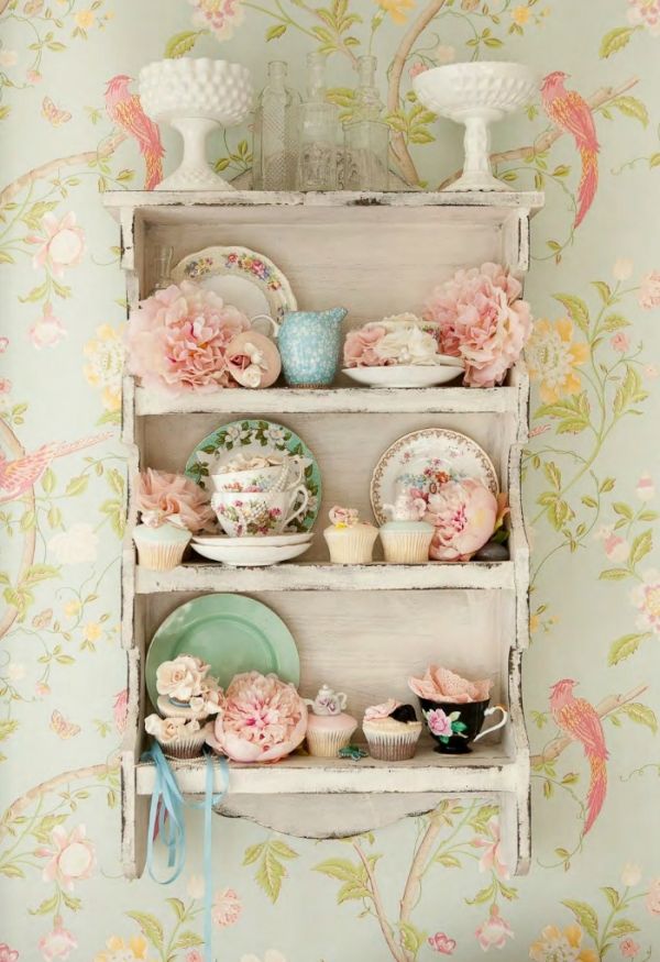 Pastels...chippy shelf, vintage dishes, pretty wallpaper ...