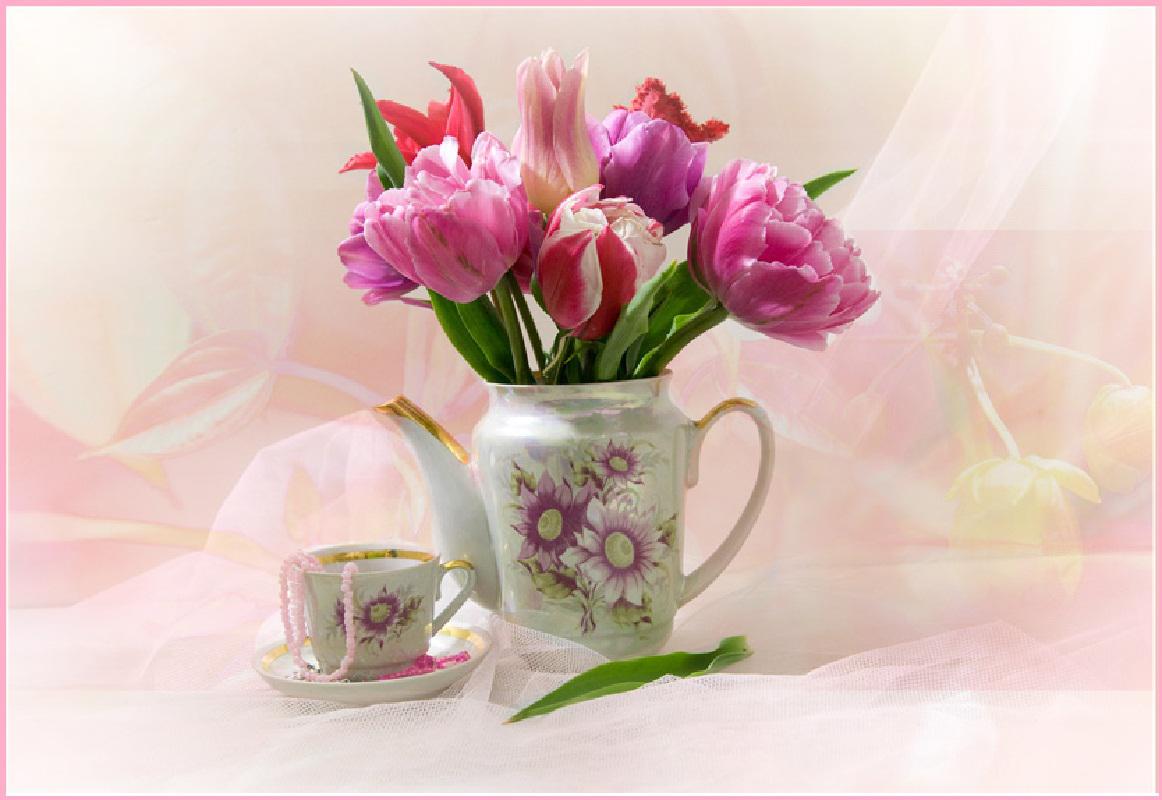 Pink tulips teacup - - High Quality and Resolution