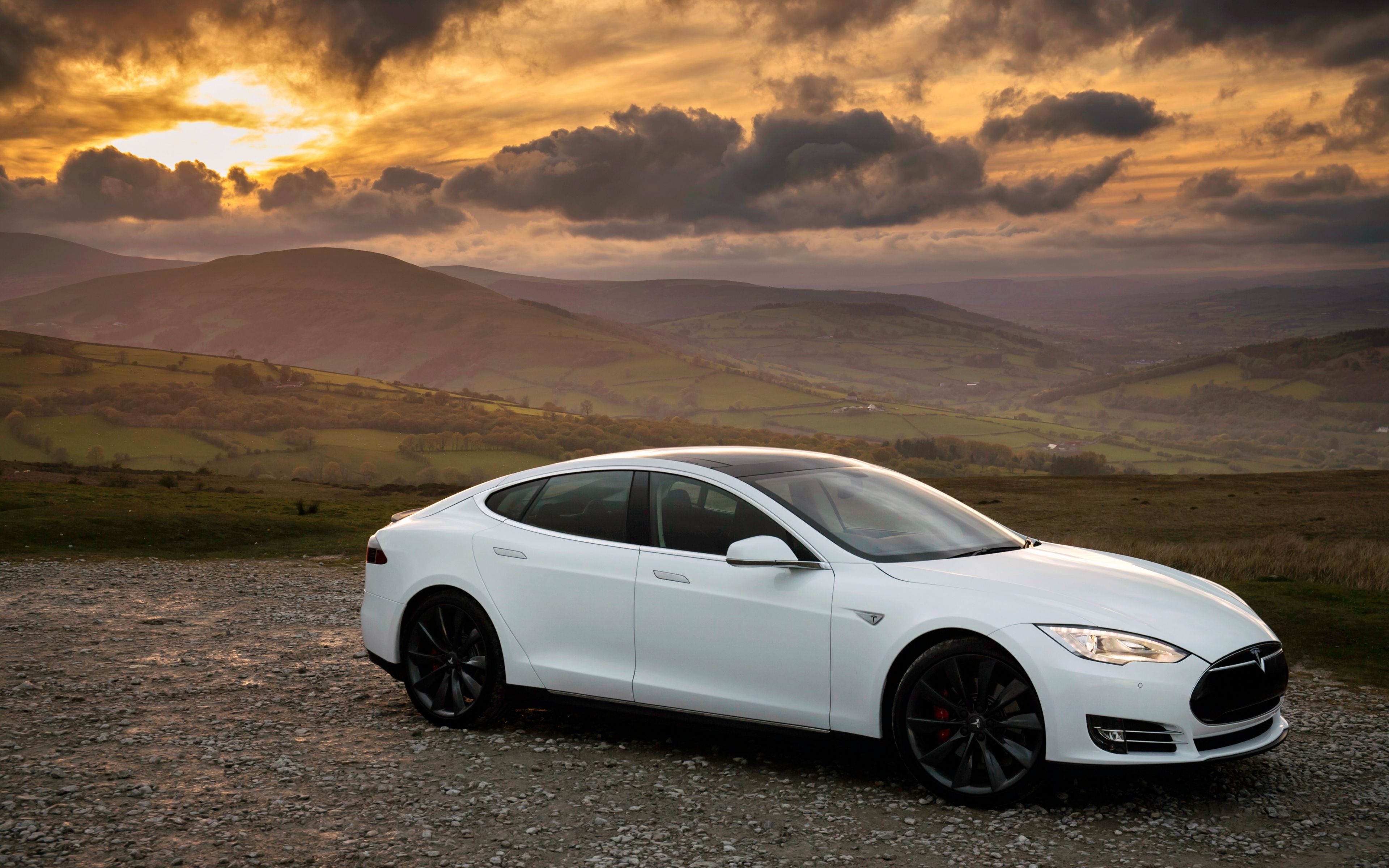 HD Background Tesla Model S P85 White Sunset Side View Wallpaper ...
