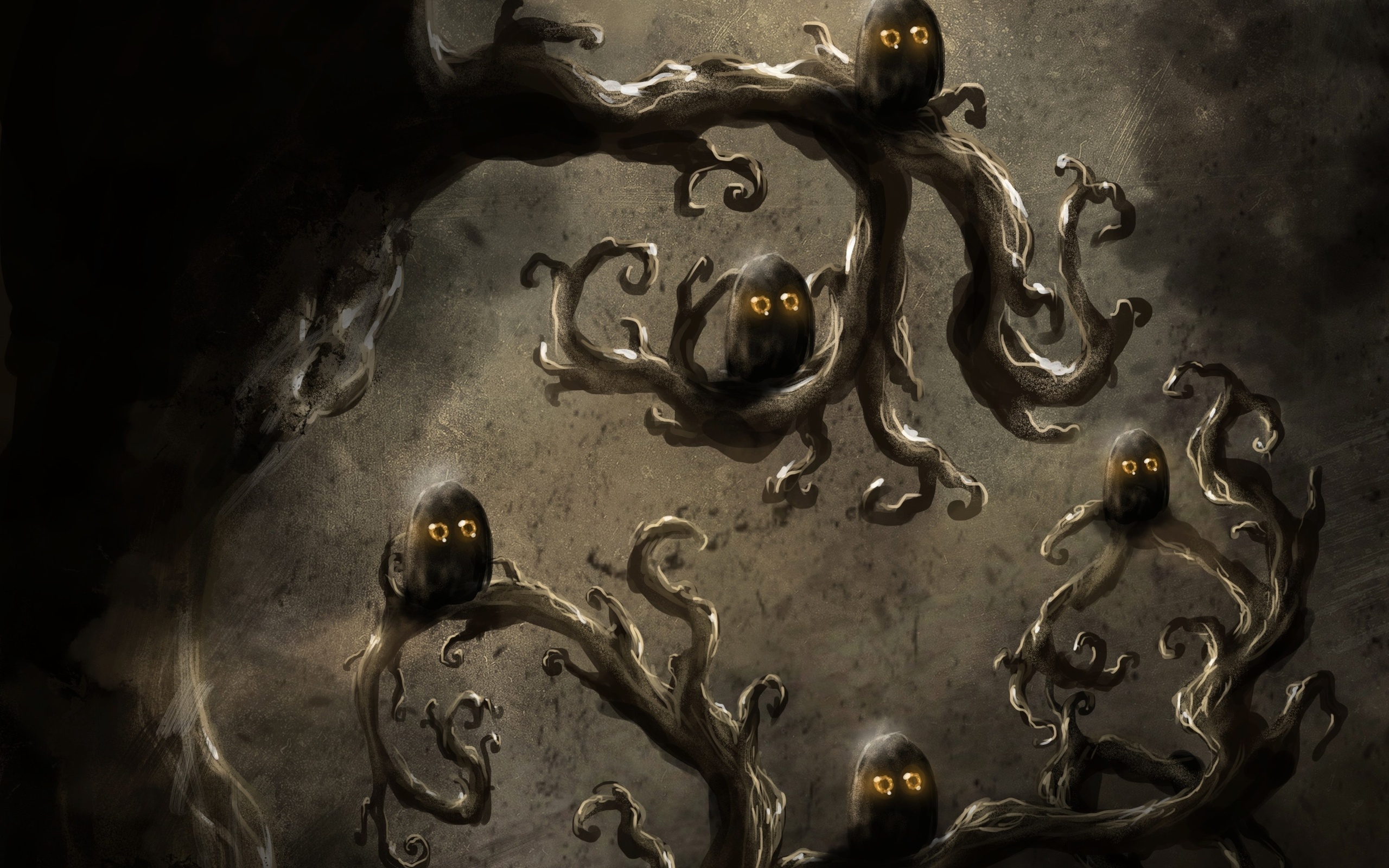2560x1600 owls, branch, tree, crooked, eyes, art, the darkness ...