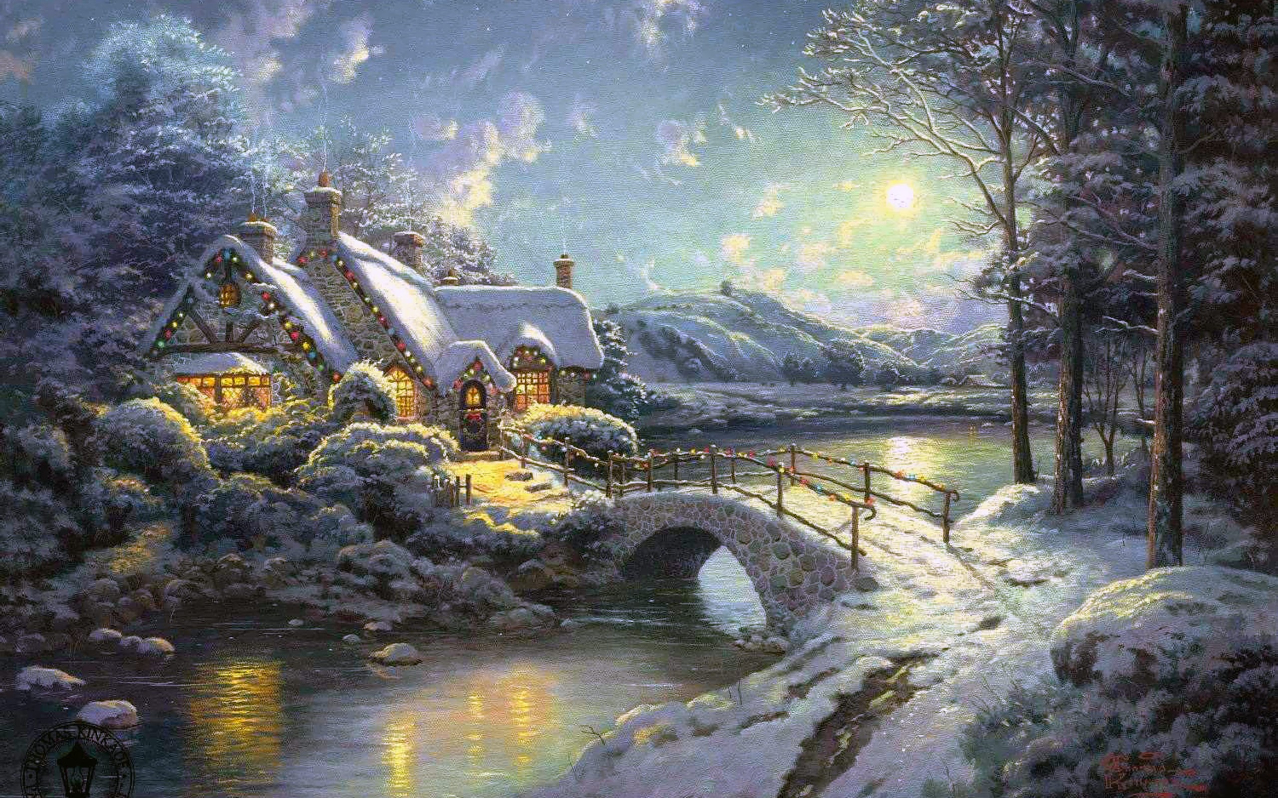 Winter, snow, white, Moon, moonlight, Christmas, artwork, Thomas