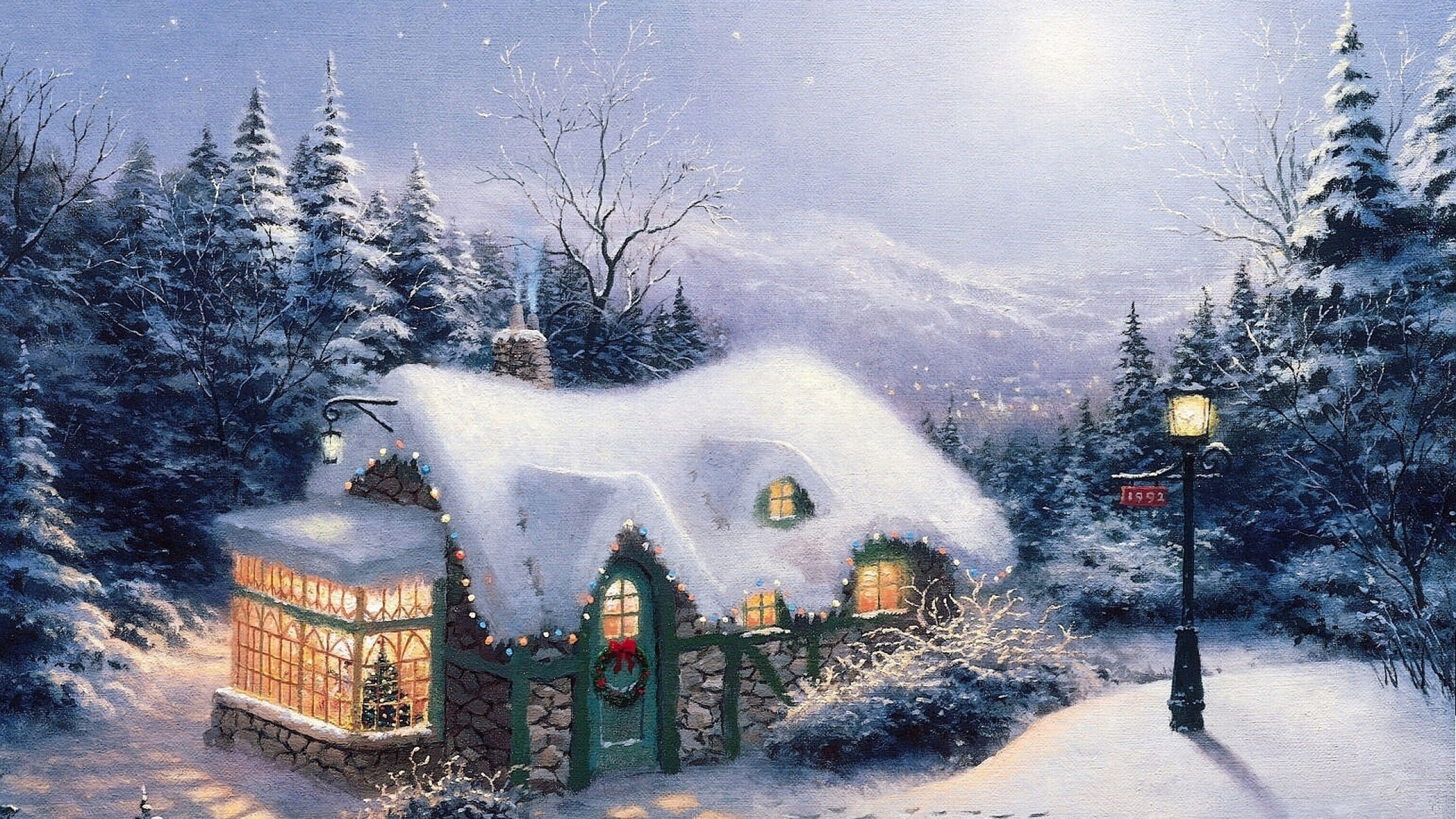 Thomas Kinkade Silent Night, winter, houses, 2560x1440 HD ...