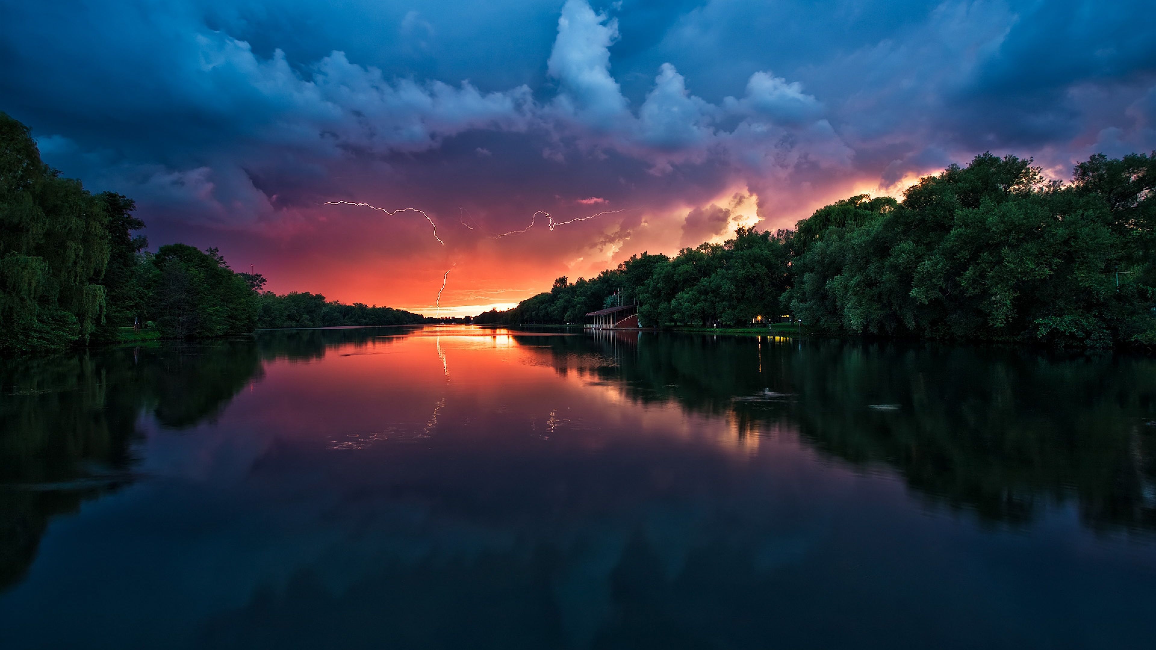 Download Wallpaper 3840x2160 Clouds, Thunder storm, River