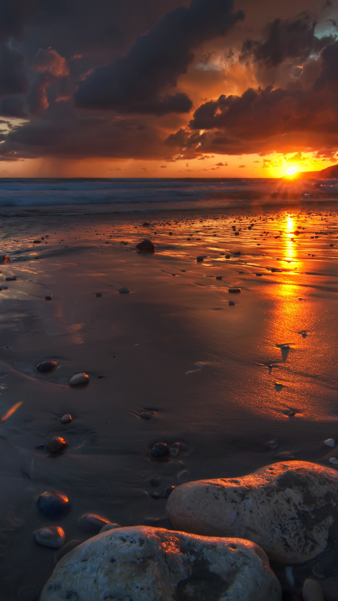 Download Wallpaper 1080x1920 Sunset, Rocks, Beach, Sand, Wet ...
