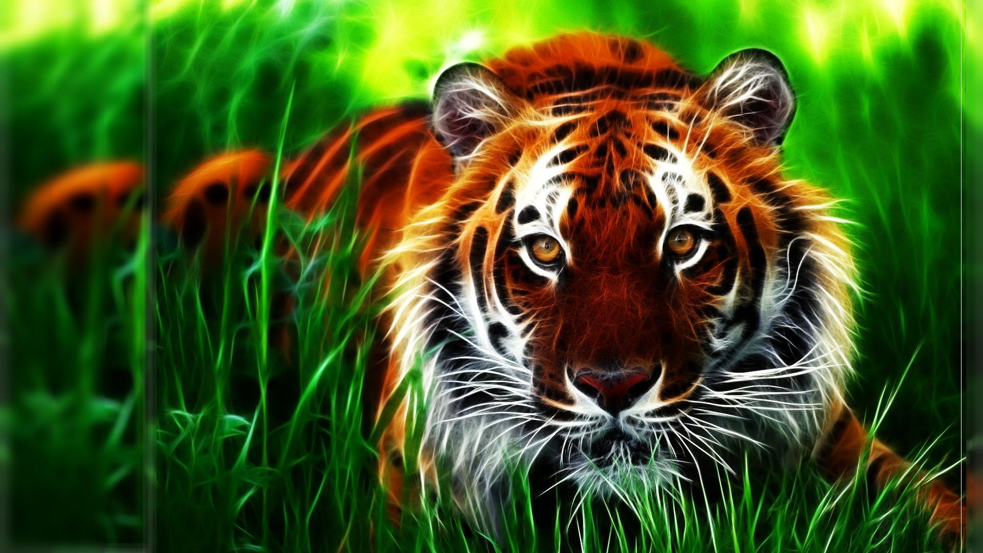 Tiger Fractal Face Eyes Pattern Stripes Grass Art High Resolution ...