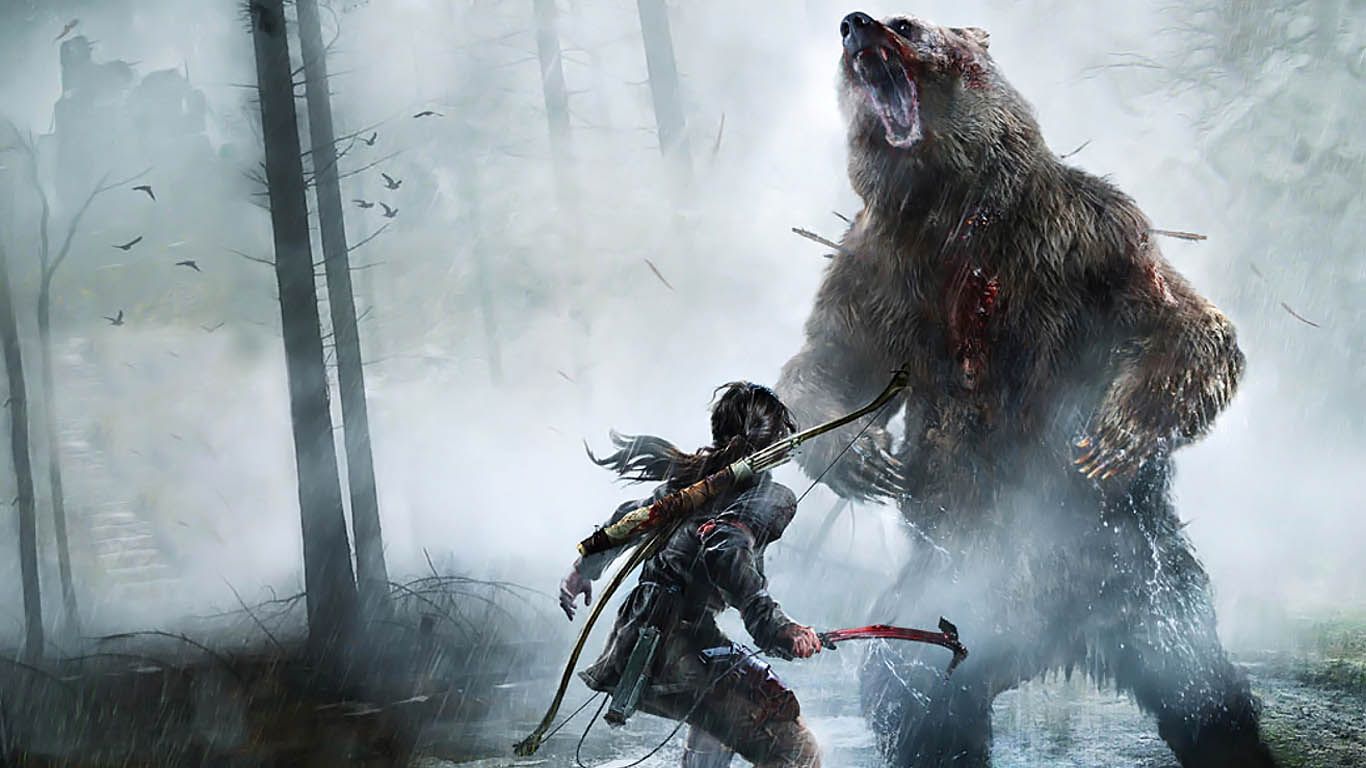 Rise of the Tomb Raider Artwork: Lara Fighting a Bear - 1366x768 ...