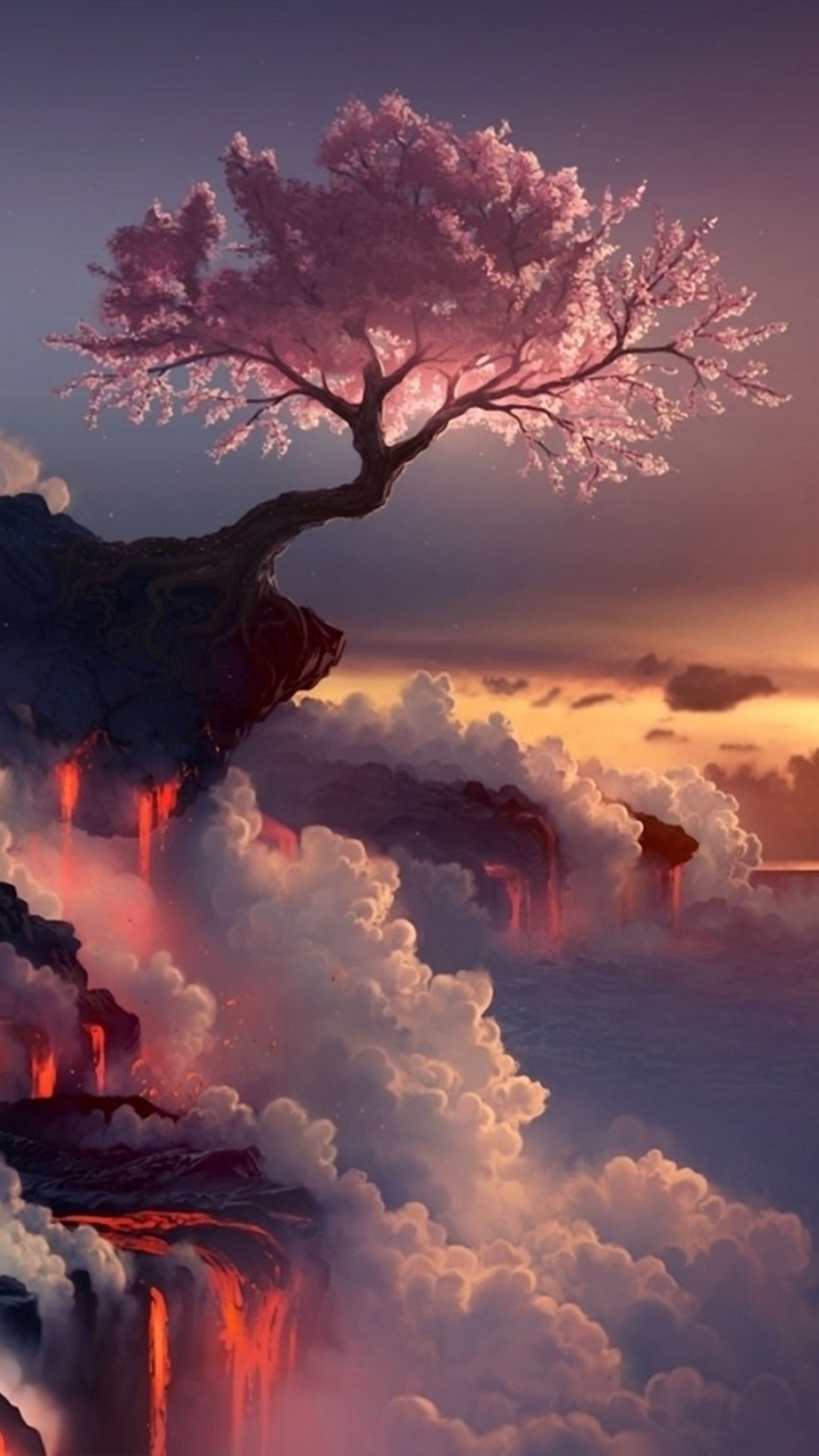 Fantasy Pink Cherry Blossoms Cloudy Mountain Top Skyscape Paint ...
