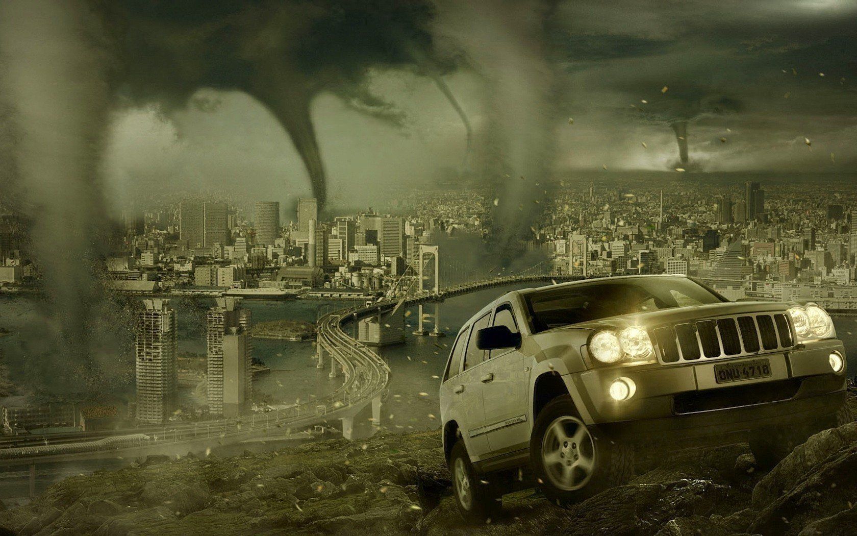 Cityscapes cars storm tornadoes fantasy art wallpaper | 1680x1050 ...