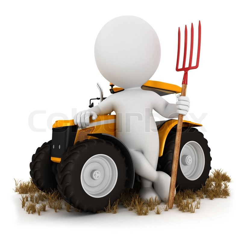 3d white people farmer with a tractor and a pitchfork, isolated