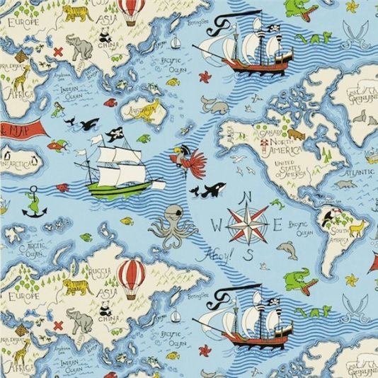 Treasure Map Fabric | Sea Blue | Sanderson