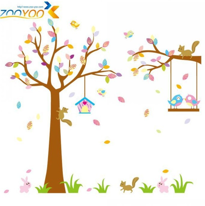 New design 190*170cmXL Colourful Tree Birds Squirrel Animal Wall ...
