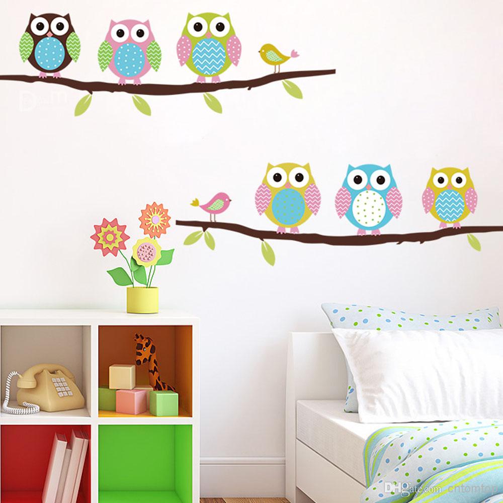 Cartoon Cute Six Owl on Tree DIY Wall Sticke Wallpaper Stickers ...